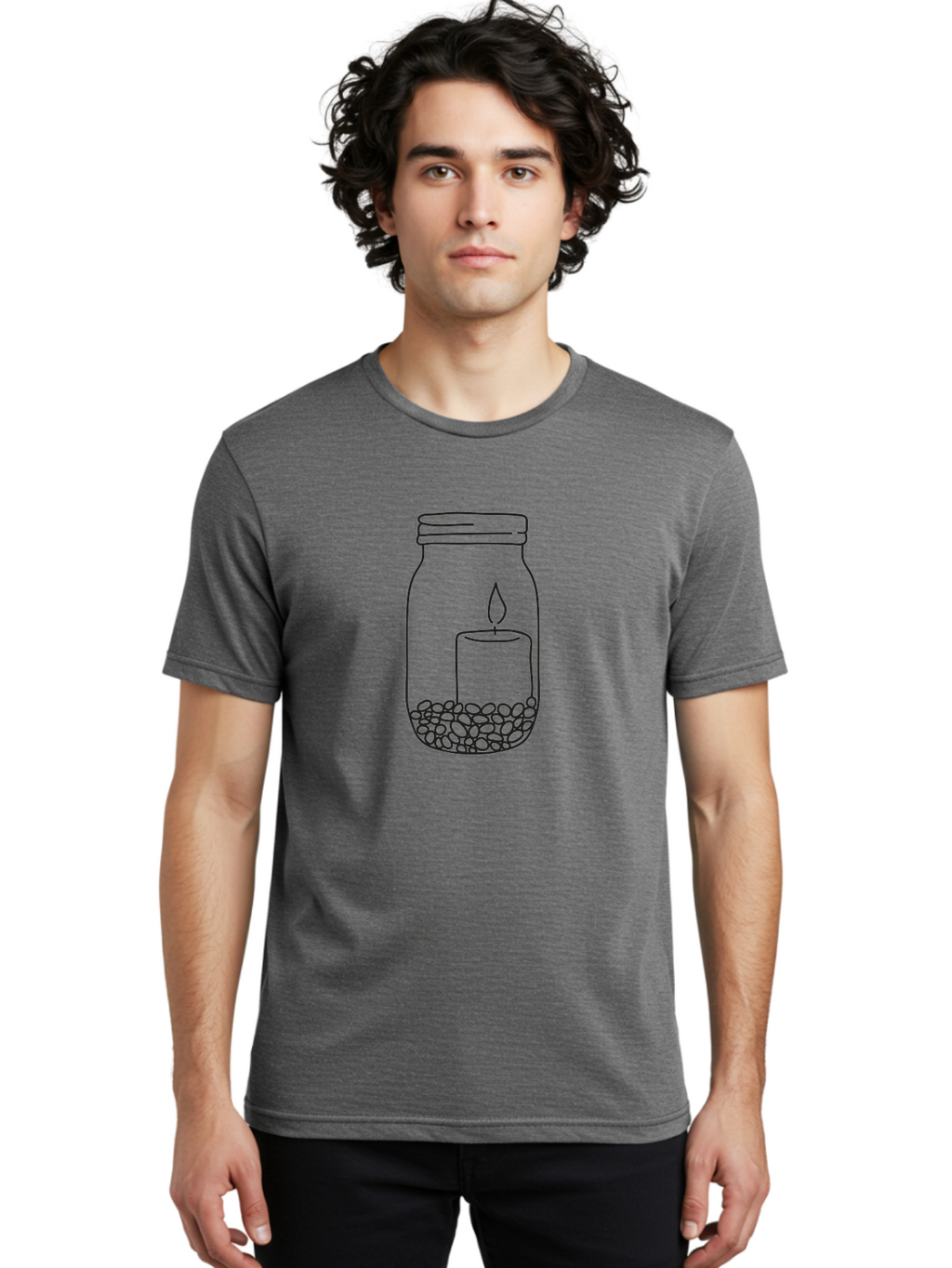 Candle-Jar Men'S Graphic Tee, 100% Cotton, Comfortable Casual Summer Wear, Machine Washable, Candle In A Jar, Lit Candle, Centerpiece, Stones At The Bottom, Relaxation, Meditation, Calming Ambiance, Peaceful Home Decor Aac200