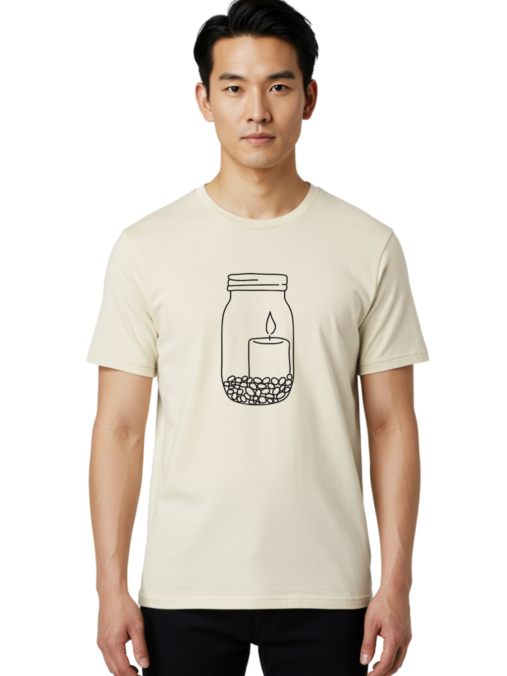 Candle-Jar Men'S Graphic Tee, 100% Cotton, Comfortable Casual Summer Wear, Machine Washable, Candle In A Jar, Lit Candle, Centerpiece, Stones At The Bottom, Relaxation, Meditation, Calming Ambiance, Peaceful Home Decor Aac200