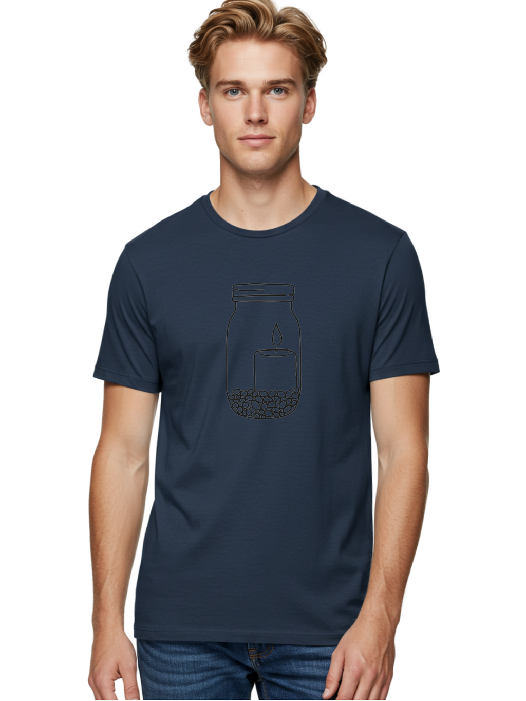 Candle-Jar Men'S Graphic Tee, 100% Cotton, Comfortable Casual Summer Wear, Machine Washable, Candle In A Jar, Lit Candle, Centerpiece, Stones At The Bottom, Relaxation, Meditation, Calming Ambiance, Peaceful Home Decor Aac200