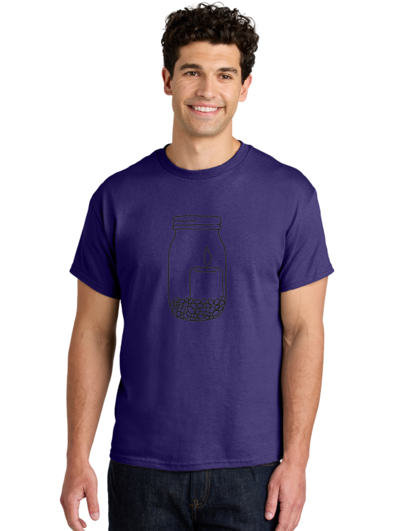 Candle-Jar Men'S Graphic Tee, 100% Cotton, Comfortable Casual Summer Wear, Machine Washable, Candle In A Jar, Lit Candle, Centerpiece, Stones At The Bottom, Relaxation, Meditation, Calming Ambiance, Peaceful Home Decor Aac200