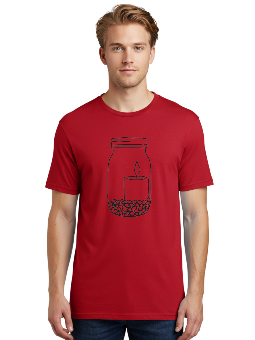 Candle-Jar Men'S Graphic Tee, 100% Cotton, Comfortable Casual Summer Wear, Machine Washable, Candle In A Jar, Lit Candle, Centerpiece, Stones At The Bottom, Relaxation, Meditation, Calming Ambiance, Peaceful Home Decor Aac200