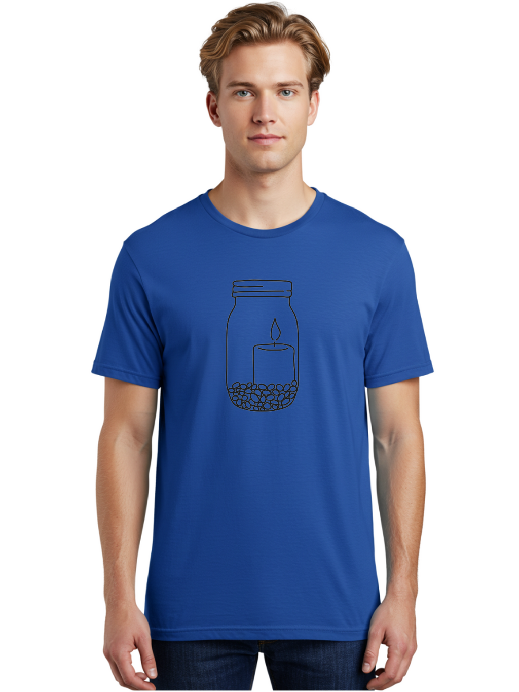 Candle-Jar Men'S Graphic Tee, 100% Cotton, Comfortable Casual Summer Wear, Machine Washable, Candle In A Jar, Lit Candle, Centerpiece, Stones At The Bottom, Relaxation, Meditation, Calming Ambiance, Peaceful Home Decor Aac200