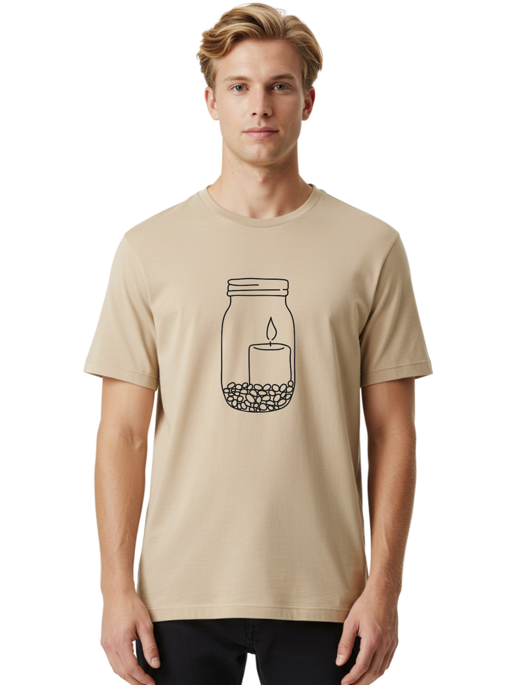 Candle-Jar Men'S Graphic Tee, 100% Cotton, Comfortable Casual Summer Wear, Machine Washable, Candle In A Jar, Lit Candle, Centerpiece, Stones At The Bottom, Relaxation, Meditation, Calming Ambiance, Peaceful Home Decor Aac200