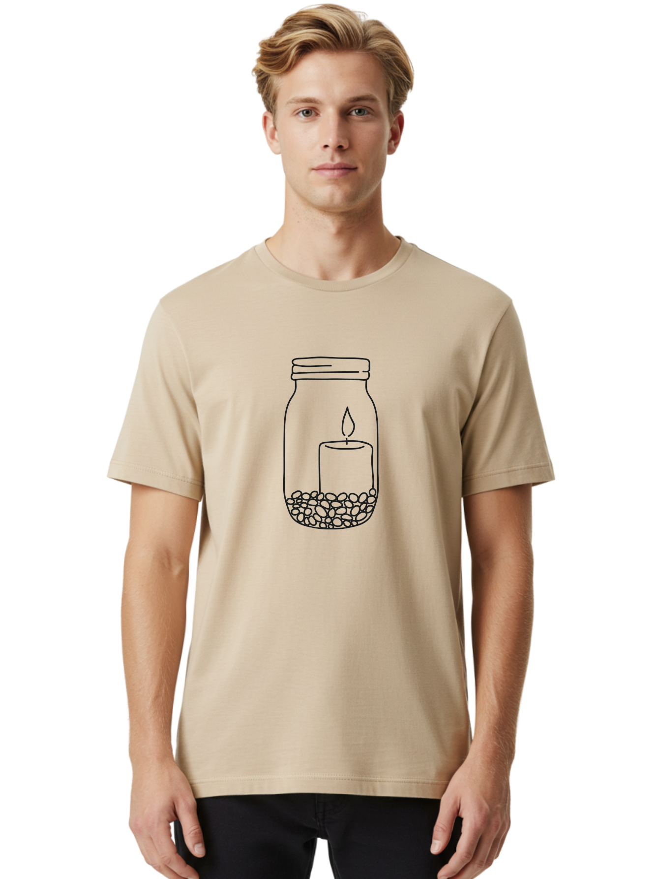 Candle-Jar Men'S Graphic Tee, 100% Cotton, Comfortable Casual Summer Wear, Machine Washable, Candle In A Jar, Lit Candle, Centerpiece, Stones At The Bottom, Relaxation, Meditation, Calming Ambiance, Peaceful Home Decor Aac200