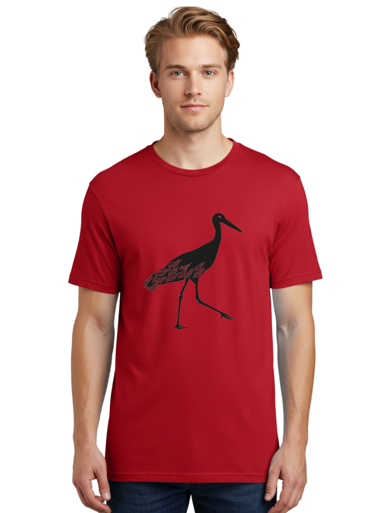 Crane Men'S Graphic Tee, 100% Cotton, Comfortable Casual Summer Wear, Machine Washable, Crane Bird, Bird Silhouette, Wild Crane, Long Neck, Wavy Lines, Abstract Bird, Minimalist Design, Simple Art, Bird Illustration Aac203