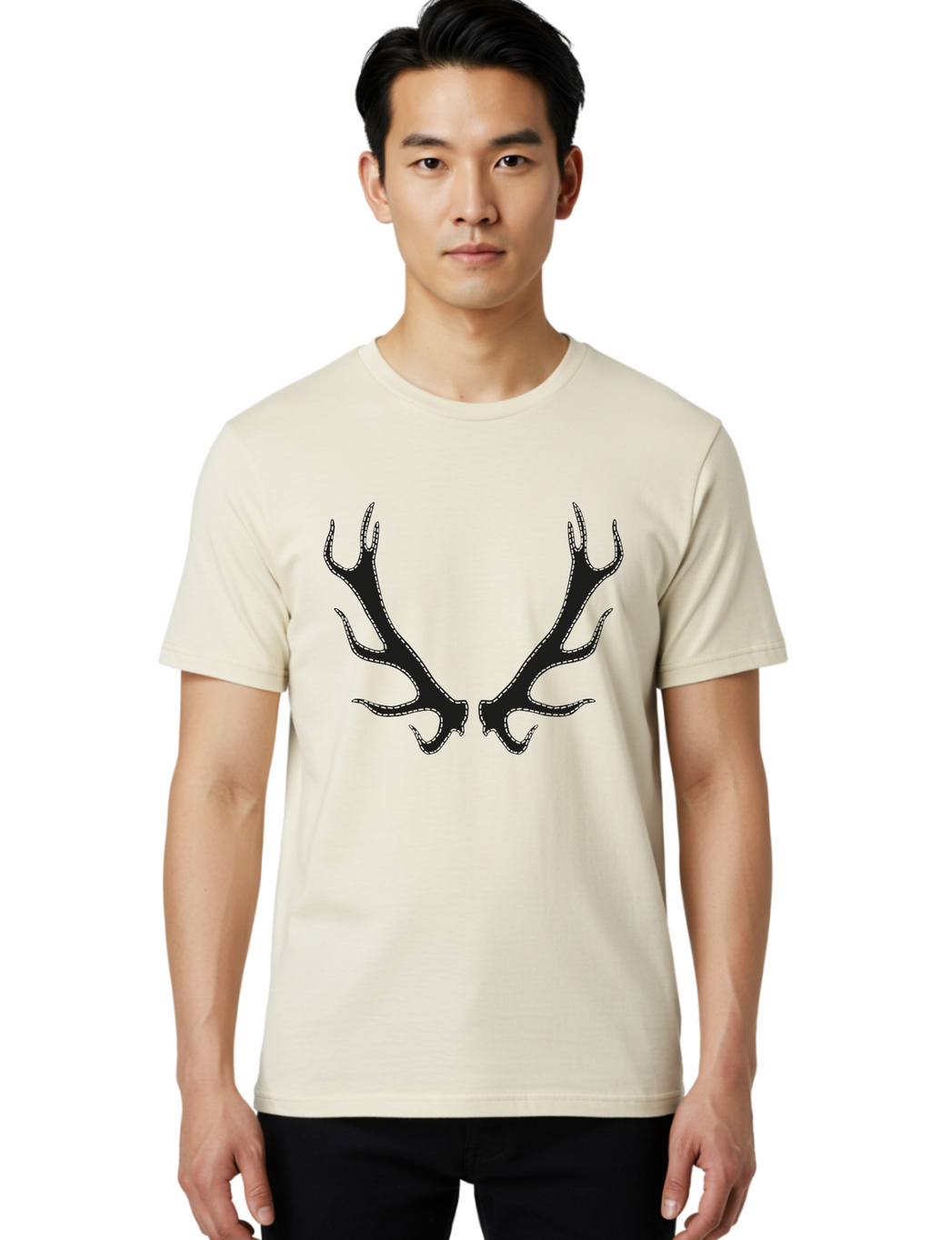 Deer-Antlers-1 Men'S Graphic Tee, 100% Cotton, Comfortable Casual Summer Wear, Machine Washable, Deer Antlers, Animal Horns, Wildlife, Hunting, Outdoors, Nature-Inspired Design, Symmetrical Horns, Black Silhouettes, Abstract Shapes, Aac205