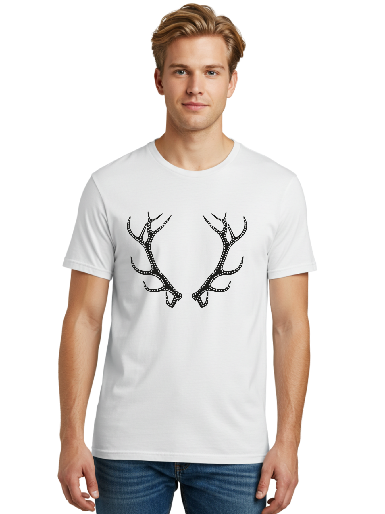 Deer-Antlers Men'S Graphic Tee, 100% Cotton, Comfortable Casual Summer Wear, Machine Washable, Deer Antlers, Dotted Design, Festive Accessories, Holiday Decorations, Party Props, Sparkly Antlers, Glowing Dots, Novelty Items Aac207