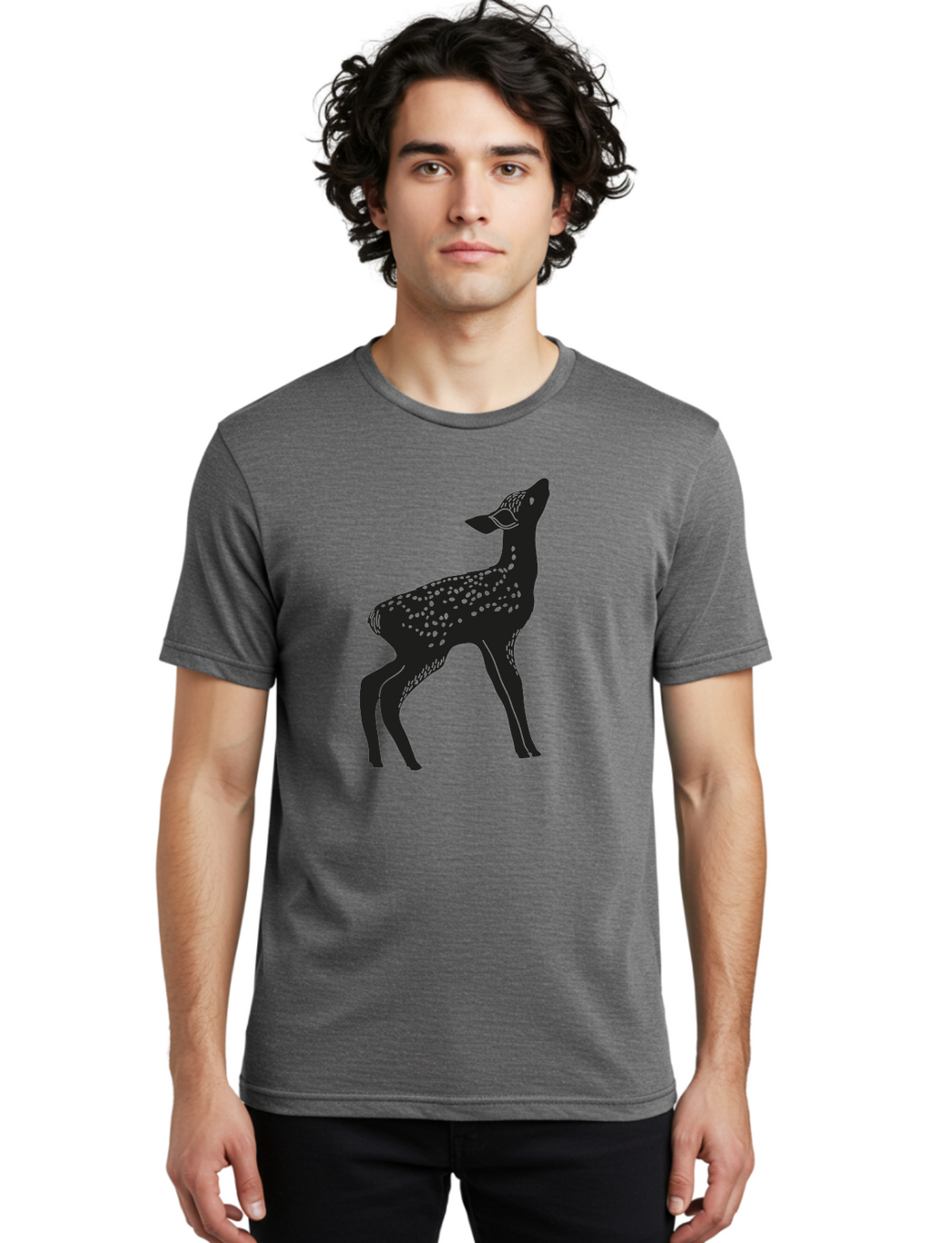 Deer-Silhouette Men'S Graphic Tee, 100% Cotton, Comfortable Casual Summer Wear, Machine Washable, Deer Silhouette, Spotted Deer, Wildlife Graphic, Minimalist Design, Simple Art, Wild Animal Illustration, Spotted Fur, Black Silhouette Aac209