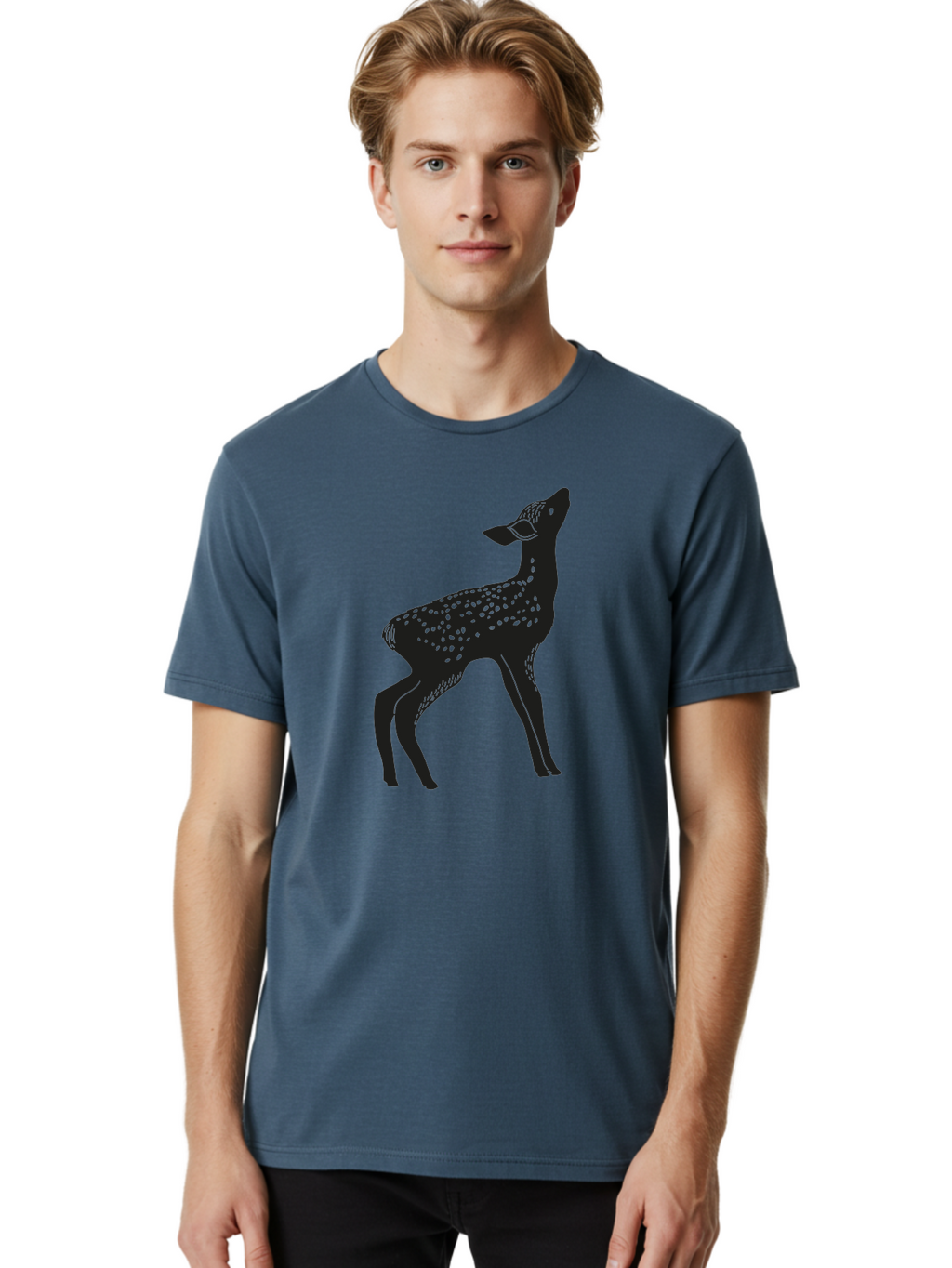 Deer-Silhouette Men'S Graphic Tee, 100% Cotton, Comfortable Casual Summer Wear, Machine Washable, Deer Silhouette, Spotted Deer, Wildlife Graphic, Minimalist Design, Simple Art, Wild Animal Illustration, Spotted Fur, Black Silhouette Aac209