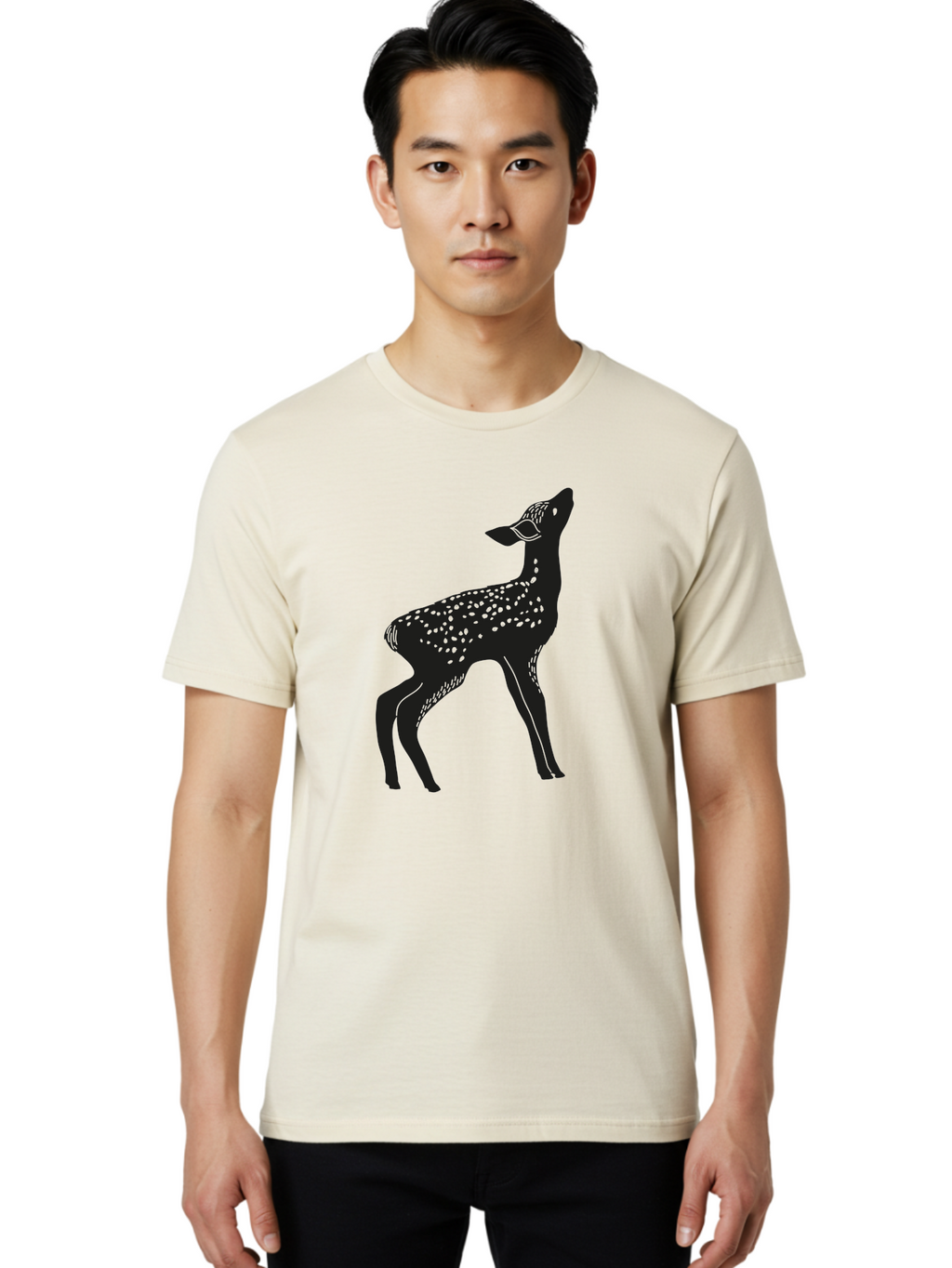 Deer-Silhouette Men'S Graphic Tee, 100% Cotton, Comfortable Casual Summer Wear, Machine Washable, Deer Silhouette, Spotted Deer, Wildlife Graphic, Minimalist Design, Simple Art, Wild Animal Illustration, Spotted Fur, Black Silhouette Aac209