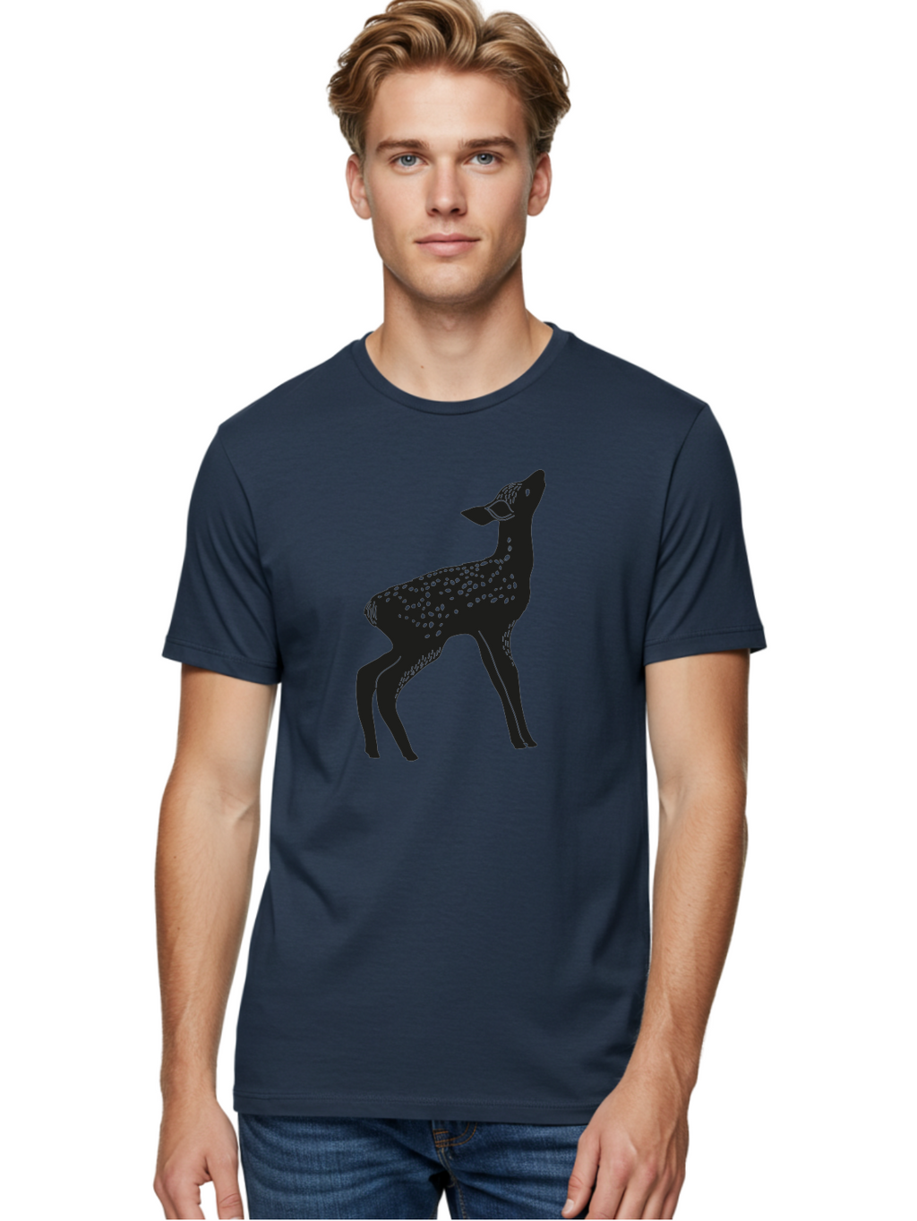 Deer-Silhouette Men'S Graphic Tee, 100% Cotton, Comfortable Casual Summer Wear, Machine Washable, Deer Silhouette, Spotted Deer, Wildlife Graphic, Minimalist Design, Simple Art, Wild Animal Illustration, Spotted Fur, Black Silhouette Aac209