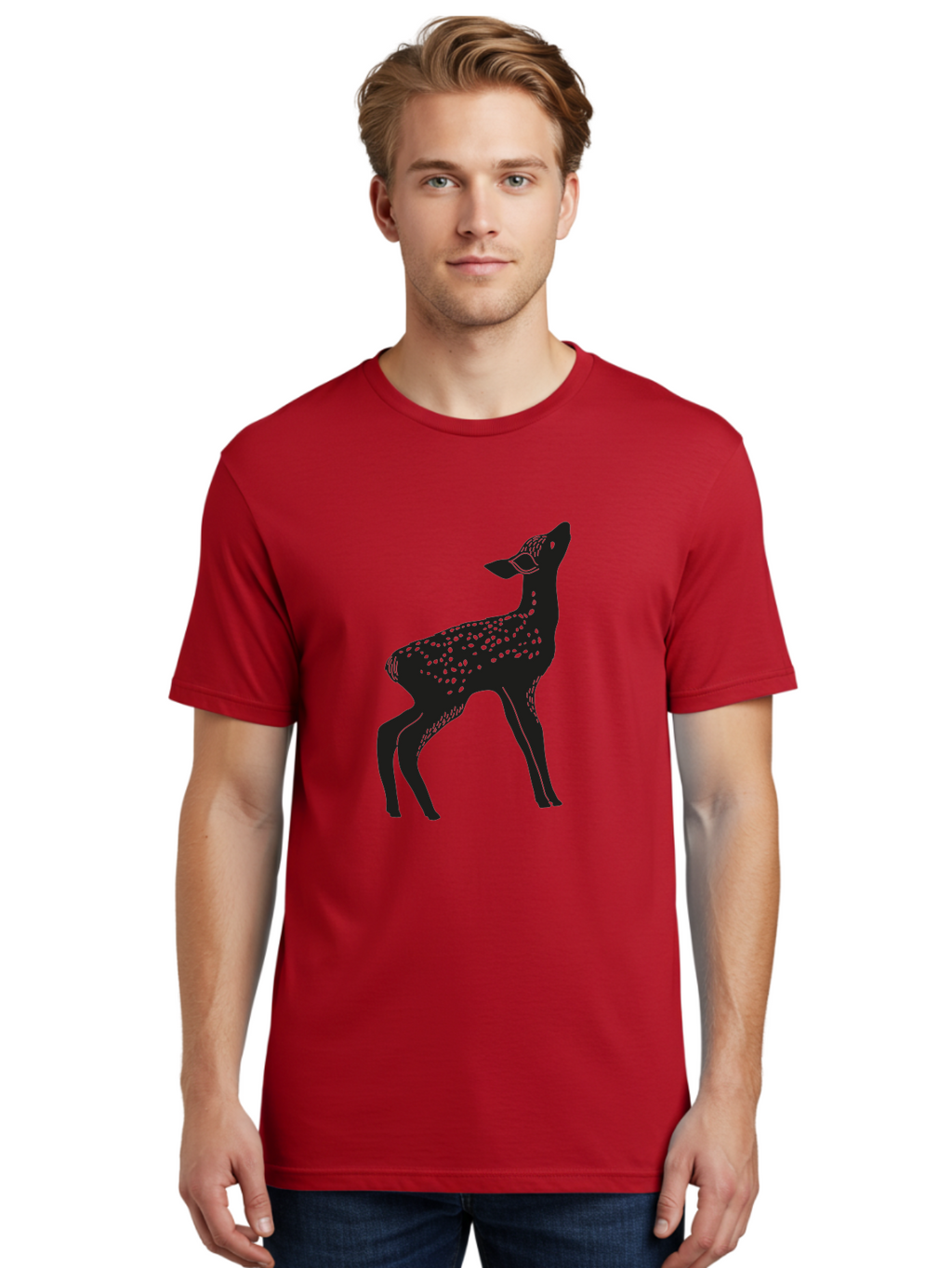 Deer-Silhouette Men'S Graphic Tee, 100% Cotton, Comfortable Casual Summer Wear, Machine Washable, Deer Silhouette, Spotted Deer, Wildlife Graphic, Minimalist Design, Simple Art, Wild Animal Illustration, Spotted Fur, Black Silhouette Aac209