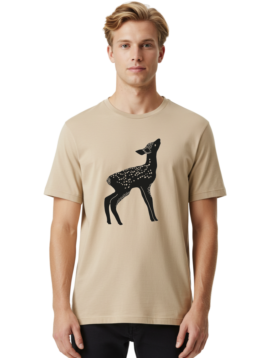 Deer-Silhouette Men'S Graphic Tee, 100% Cotton, Comfortable Casual Summer Wear, Machine Washable, Deer Silhouette, Spotted Deer, Wildlife Graphic, Minimalist Design, Simple Art, Wild Animal Illustration, Spotted Fur, Black Silhouette Aac209