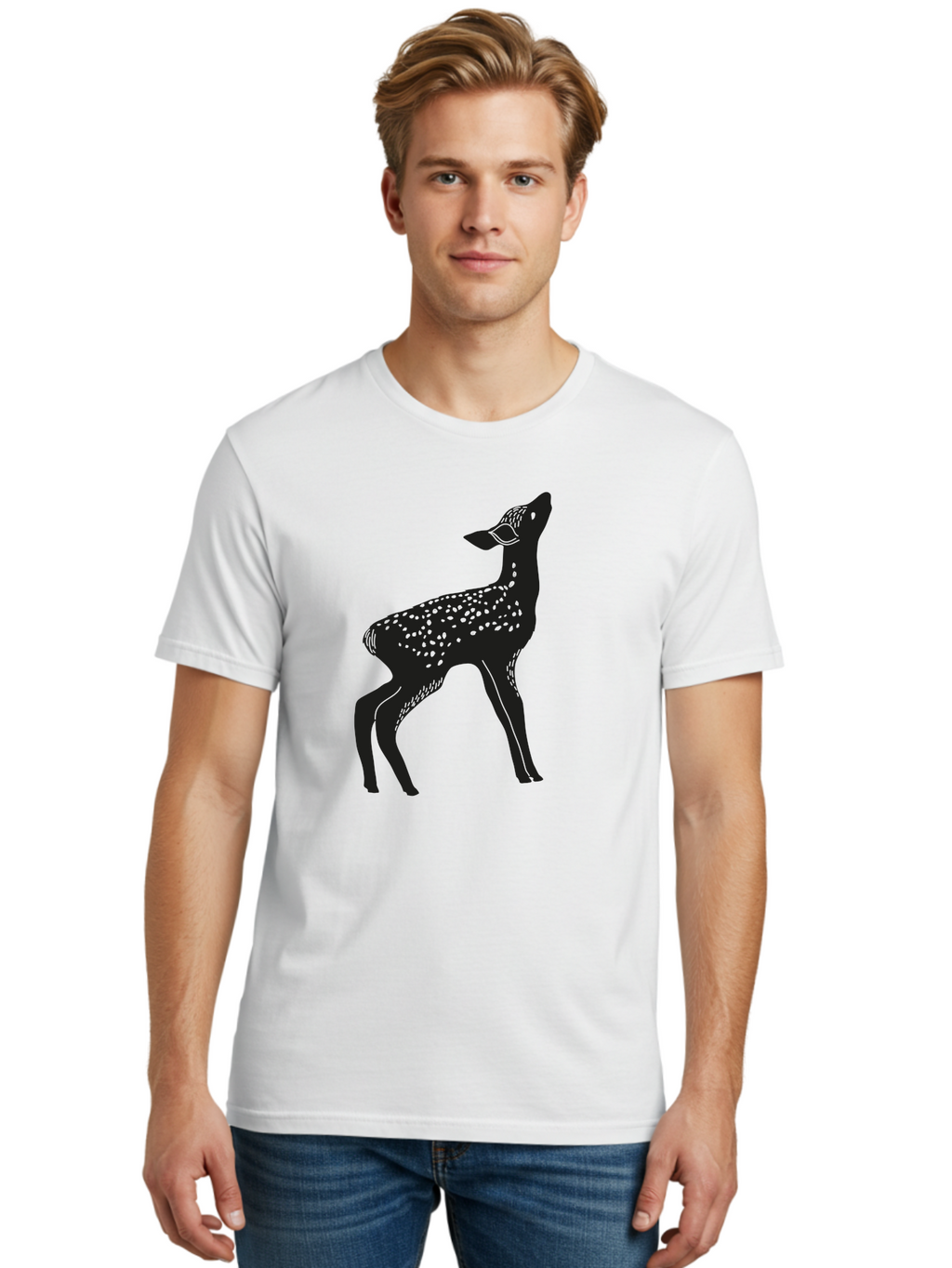 Deer-Silhouette Men'S Graphic Tee, 100% Cotton, Comfortable Casual Summer Wear, Machine Washable, Deer Silhouette, Spotted Deer, Wildlife Graphic, Minimalist Design, Simple Art, Wild Animal Illustration, Spotted Fur, Black Silhouette Aac209