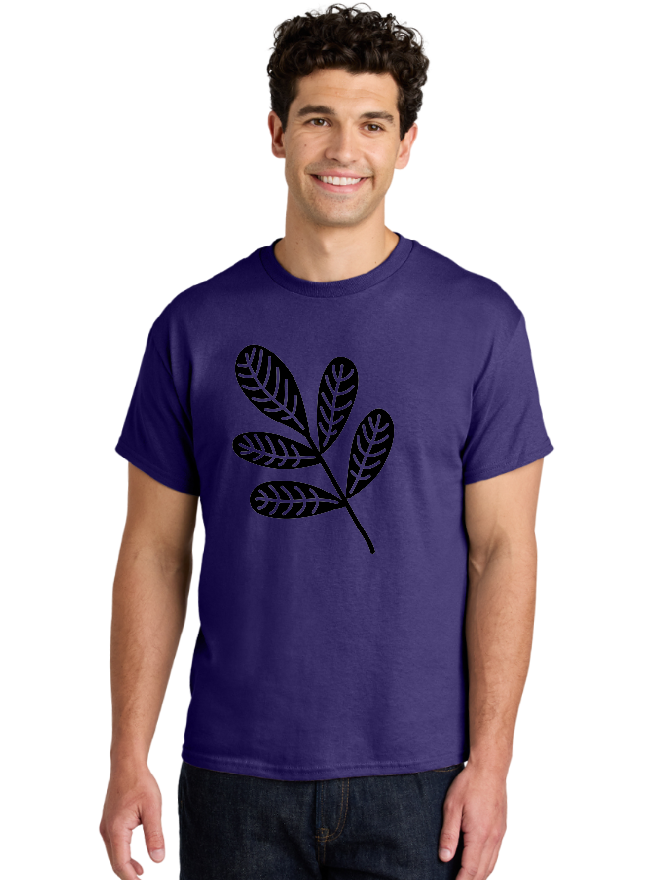 Five-Leaves Men'S Graphic Tee, 100% Cotton, Comfortable Casual Summer Wear, Machine Washable, Black Leaves, Leafy Branch, Foliage Illustration, Nature Graphics, Simple Leaf Design, Minimalist Botanical Art, Leaf Silhouette Aac210