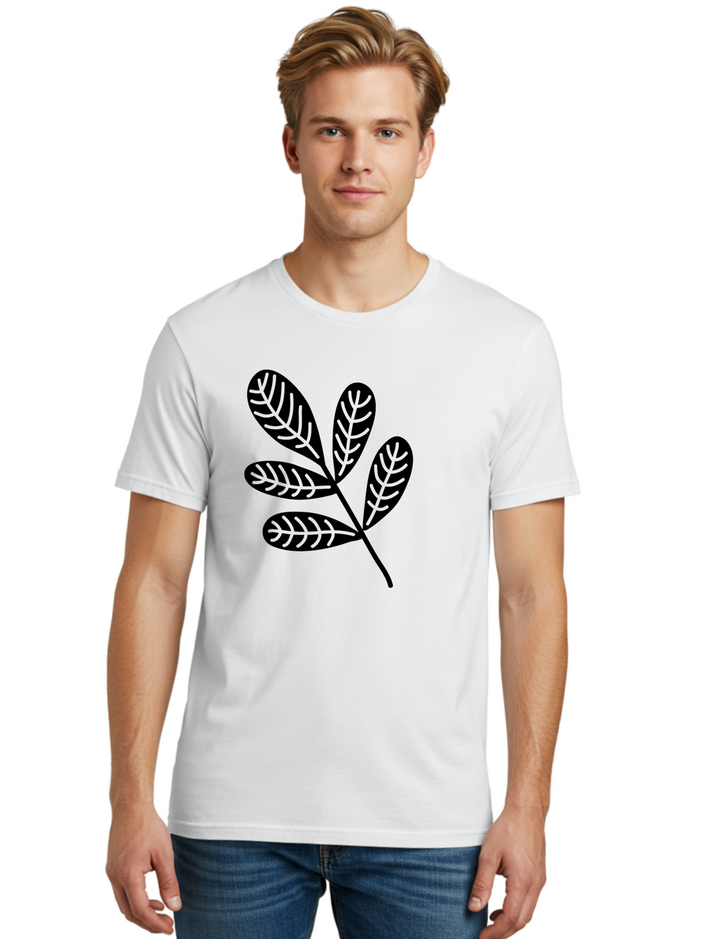 Five-Leaves Men'S Graphic Tee, 100% Cotton, Comfortable Casual Summer Wear, Machine Washable, Black Leaves, Leafy Branch, Foliage Illustration, Nature Graphics, Simple Leaf Design, Minimalist Botanical Art, Leaf Silhouette Aac210
