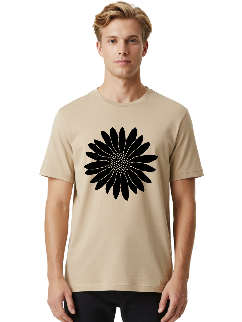 Flower Men'S Graphic Tee, 100% Cotton, Comfortable Casual Summer Wear, Machine Washable, Gerbera Daisy, Flower Silhouette, Floral Design, Black And Green, Minimalist Art, Modern Illustration, Stylized Bloom, Graphic Design Element, Aac213