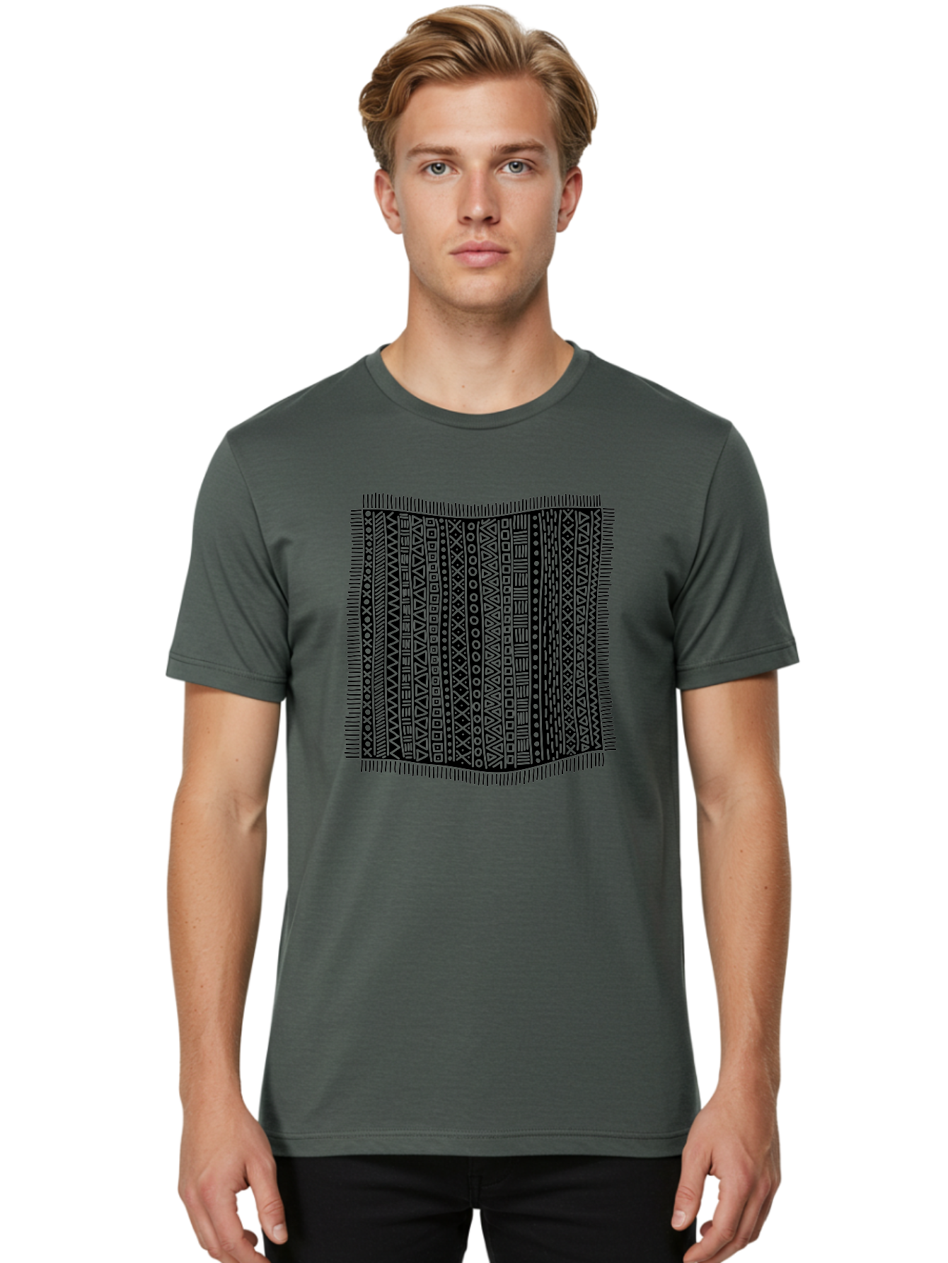 Geometric-Pattern Men'S Graphic Tee, 100% Cotton, Comfortable Casual Summer Wear, Machine Washable, Geometric Shapes, Tribal Patterns, Abstract Design, Ethnic Motifs, Traditional Textiles, Cultural Heritage, Symbolic Elements Aac214