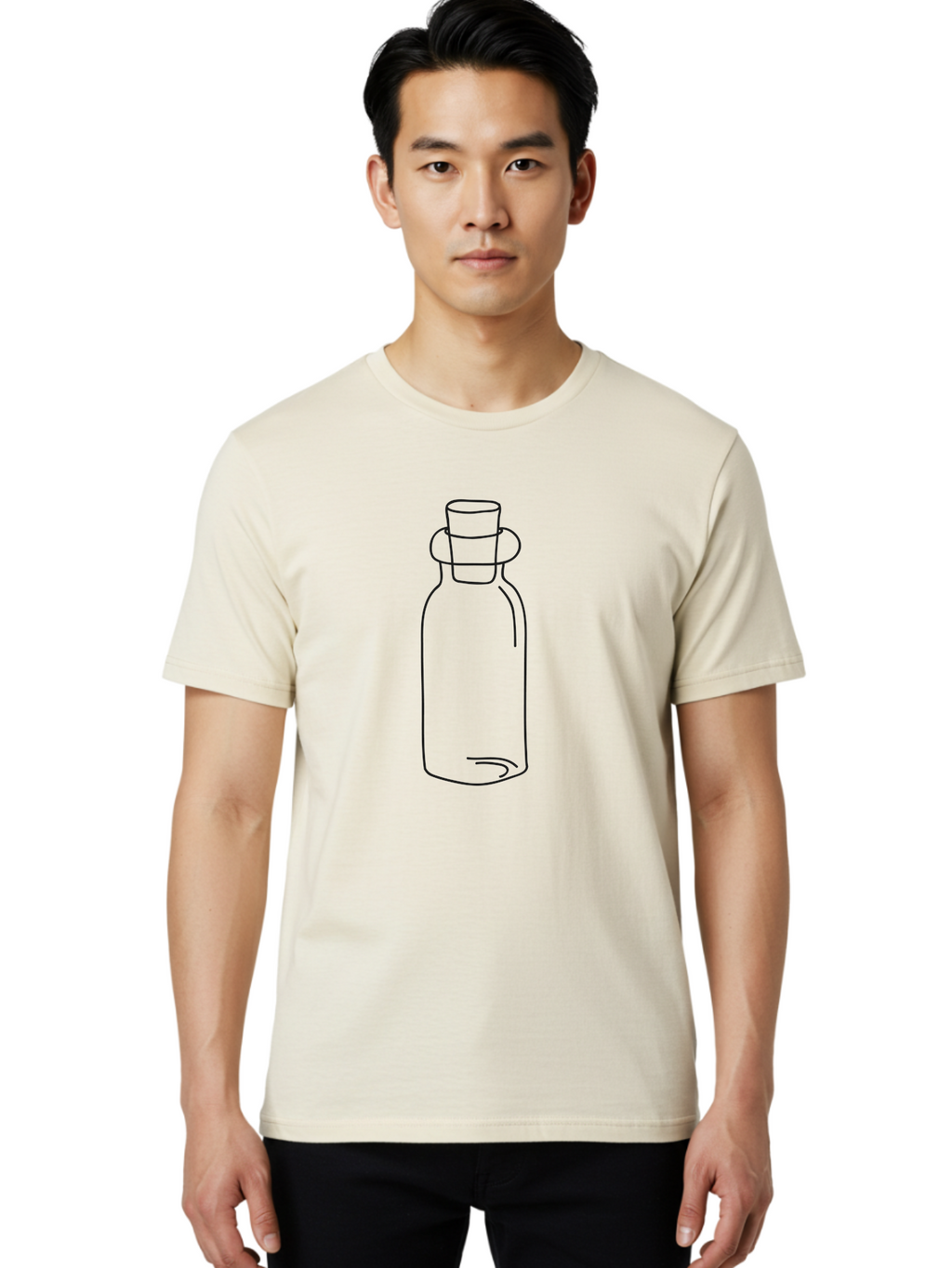 Glass-Bottle Men'S Graphic Tee, 100% Cotton, Comfortable Casual Summer Wear, Machine Washable, Simple Line Drawing, Minimalist Design, Apothecary Bottle, Vintage Style, Cork Stopper, Black Outline, Elegant Shape, Classic Bottle Design Aac215