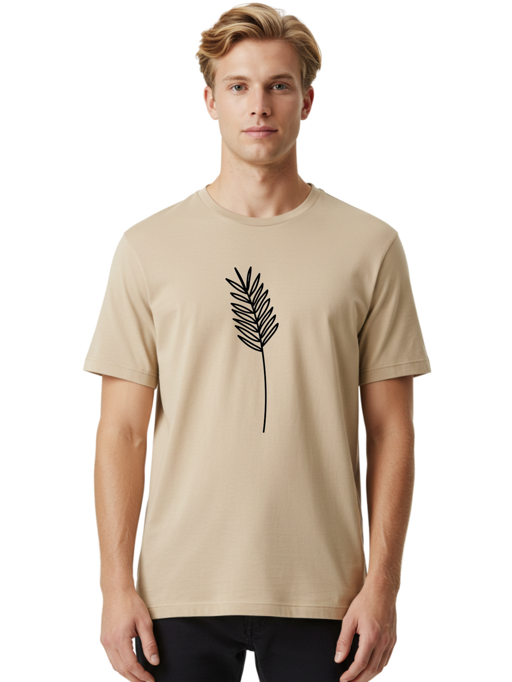 Leaf Men'S Graphic Tee, 100% Cotton, Comfortable Casual Summer Wear, Machine Washable, Palm Frond, Simple Illustration, Minimalist Design, Vector Graphic, Black Outline, Foliage, Tropical Leaf, Botanical Art, Leafy Branch, Modern Iconography Aac220