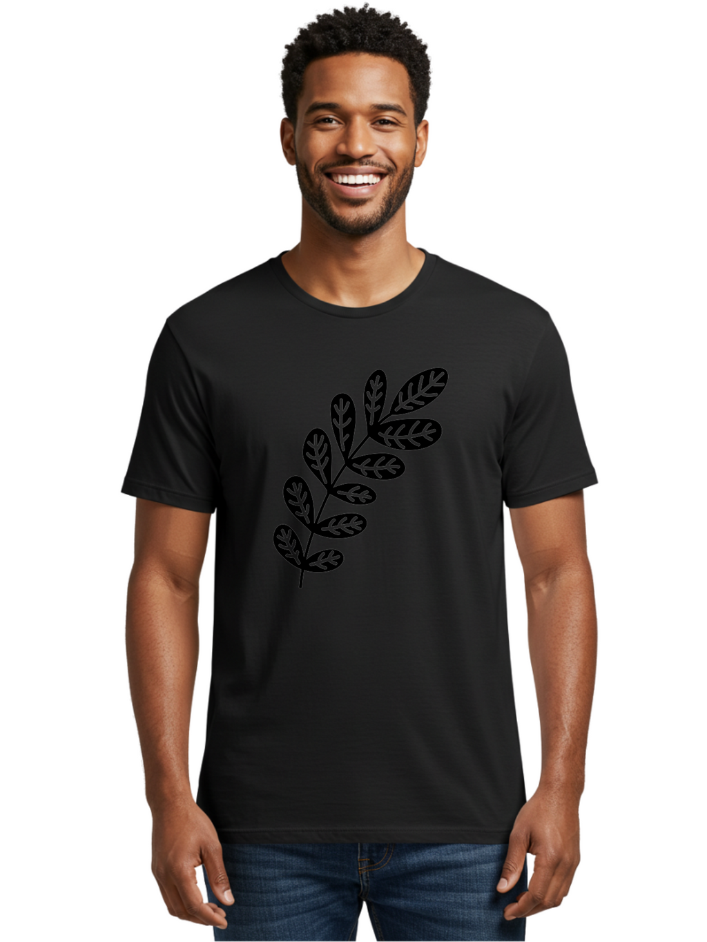 Leafy-Branch-1 Men'S Graphic Tee, 100% Cotton, Comfortable Casual Summer Wear, Machine Washable, Stylized Branch, Leaf Pattern, Modern Design, Abstract Art, Foliage Illustration, Minimalist Decor, Black Silhouettes, Leafy Theme Aac221