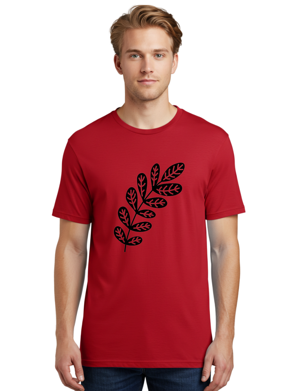 Leafy-Branch-1 Men'S Graphic Tee, 100% Cotton, Comfortable Casual Summer Wear, Machine Washable, Stylized Branch, Leaf Pattern, Modern Design, Abstract Art, Foliage Illustration, Minimalist Decor, Black Silhouettes, Leafy Theme Aac221