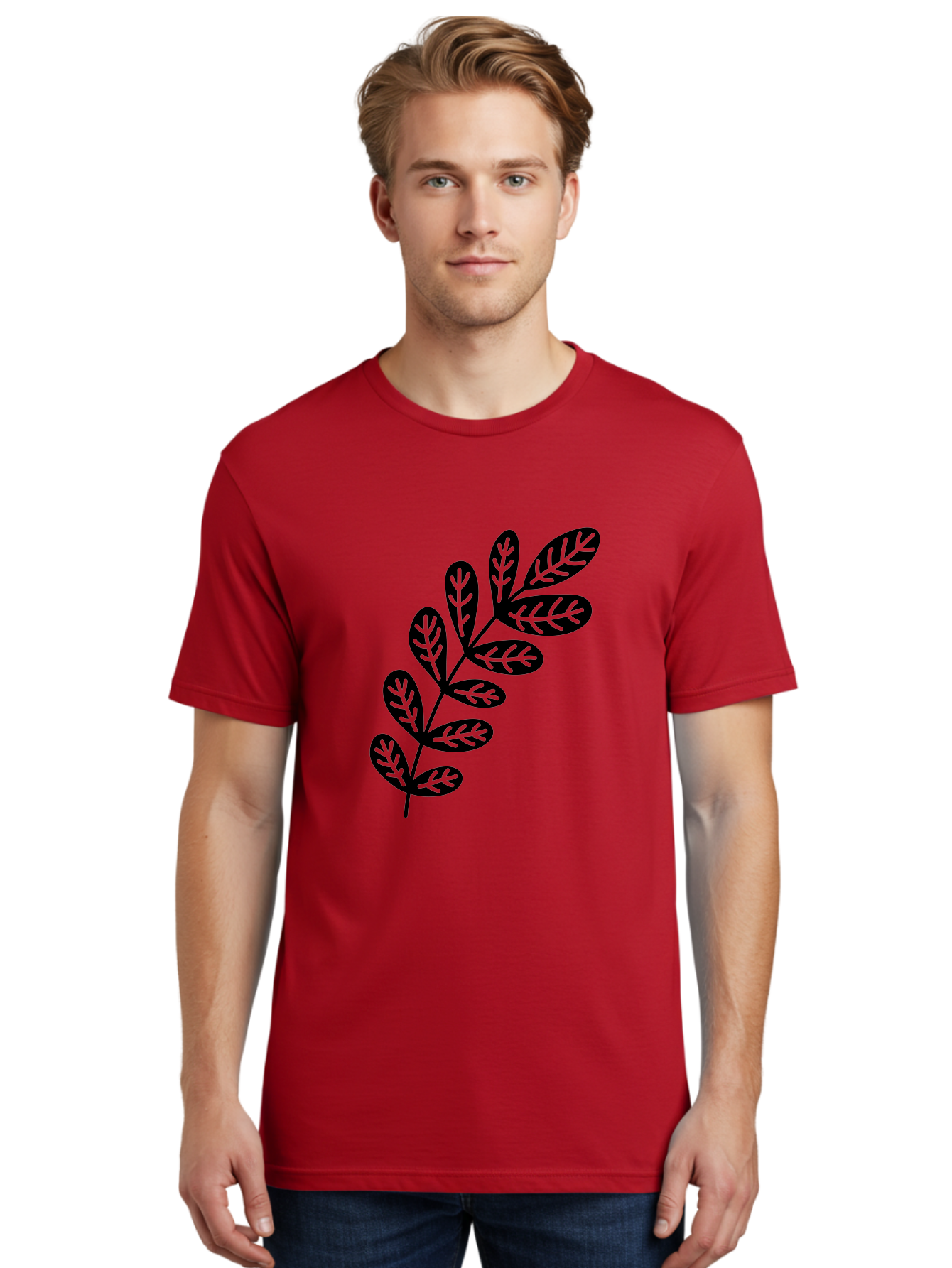 Leafy-Branch-1 Men'S Graphic Tee, 100% Cotton, Comfortable Casual Summer Wear, Machine Washable, Stylized Branch, Leaf Pattern, Modern Design, Abstract Art, Foliage Illustration, Minimalist Decor, Black Silhouettes, Leafy Theme Aac221