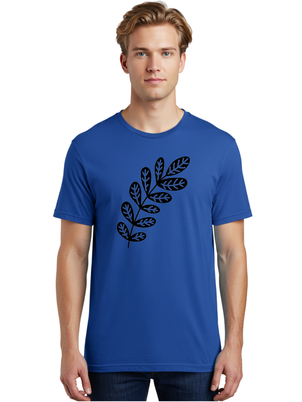Leafy-Branch-1 Men'S Graphic Tee, 100% Cotton, Comfortable Casual Summer Wear, Machine Washable, Stylized Branch, Leaf Pattern, Modern Design, Abstract Art, Foliage Illustration, Minimalist Decor, Black Silhouettes, Leafy Theme Aac221
