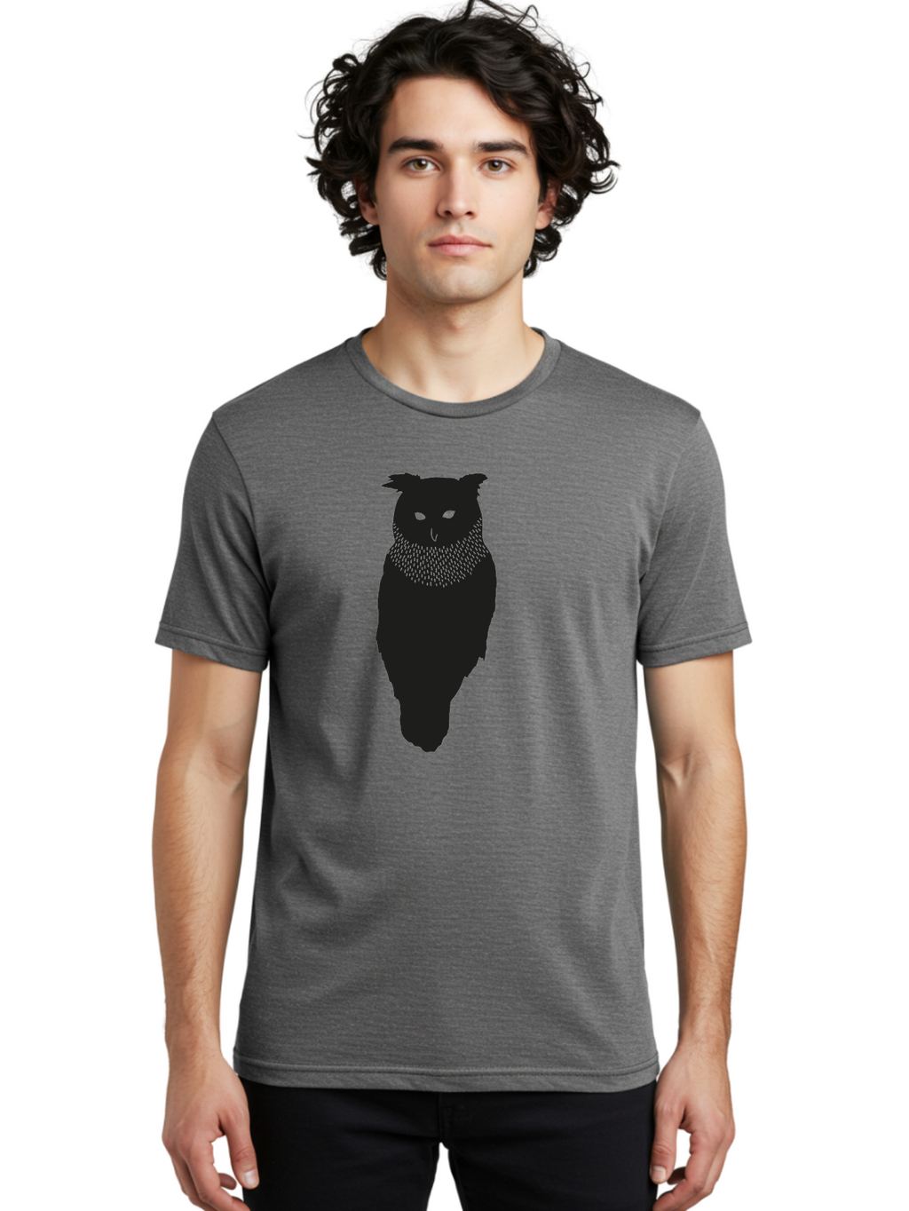 Owl-Silhouette Men'S Graphic Tee, 100% Cotton, Comfortable Casual Summer Wear, Machine Washable, Owl Silhouette, Black Owl, Glowing Eyes, Textured Feathers, Mysterious Animal, Nocturnal Bird, Wildlife Illustration, Symbolic Creature, Dark Art Aac224