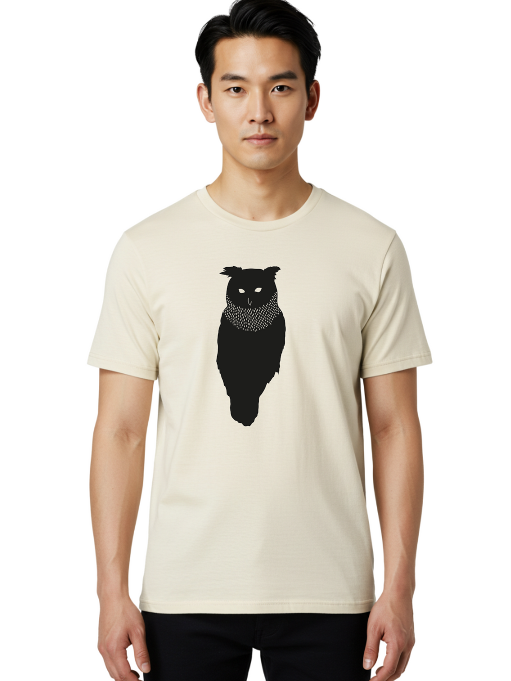 Owl-Silhouette Men'S Graphic Tee, 100% Cotton, Comfortable Casual Summer Wear, Machine Washable, Owl Silhouette, Black Owl, Glowing Eyes, Textured Feathers, Mysterious Animal, Nocturnal Bird, Wildlife Illustration, Symbolic Creature, Dark Art Aac224