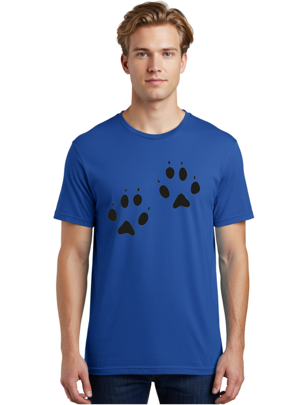 Paw-Prints Men'S Graphic Tee, 100% Cotton, Comfortable Casual Summer Wear, Machine Washable, Cat Paw Prints, Animal Tracks, Paw Print Design, Black Silhouettes, Simple Graphics, Vector Graphics, Pet Theme, Feline Footprints Aac225