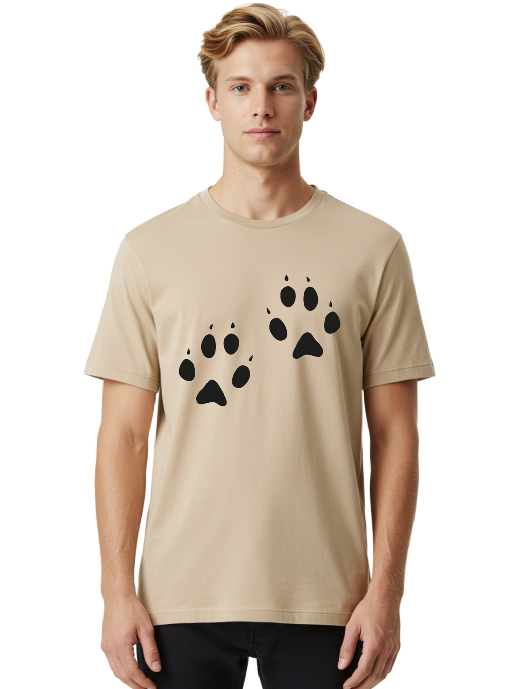 Paw-Prints Men'S Graphic Tee, 100% Cotton, Comfortable Casual Summer Wear, Machine Washable, Cat Paw Prints, Animal Tracks, Paw Print Design, Black Silhouettes, Simple Graphics, Vector Graphics, Pet Theme, Feline Footprints Aac225