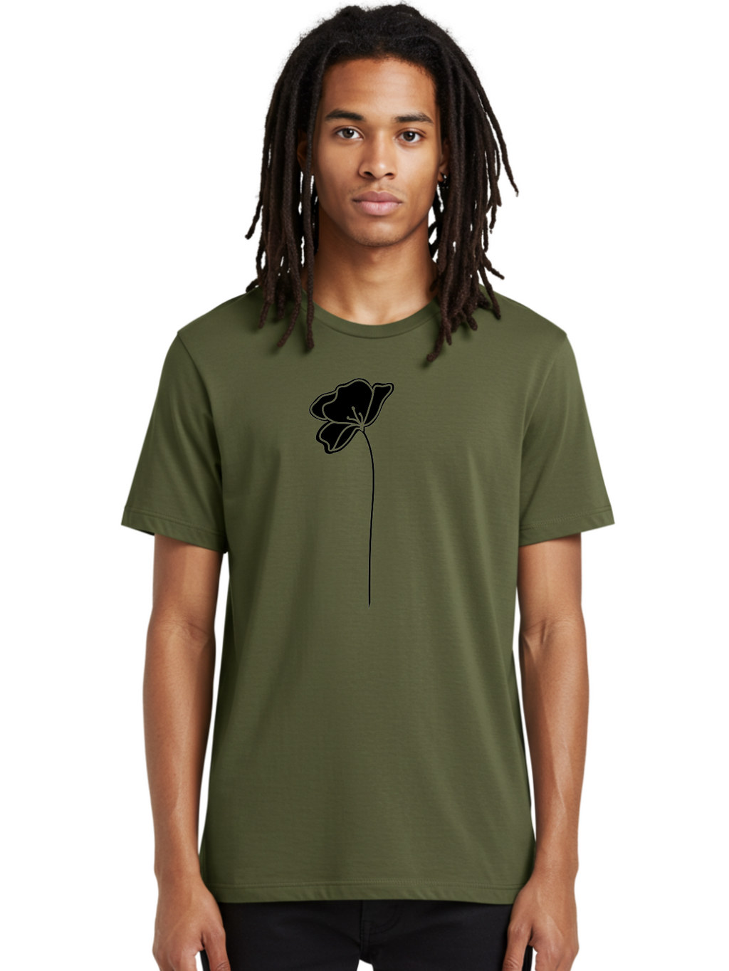 Poppy Men'S Graphic Tee, 100% Cotton, Comfortable Casual Summer Wear, Machine Washable, Silhouette Of A Flower, Simple Design, Minimalist Art, Outline Of A Bloom, Delicate Stem, Black And Green Color Scheme, Elegant Graphics Aac229