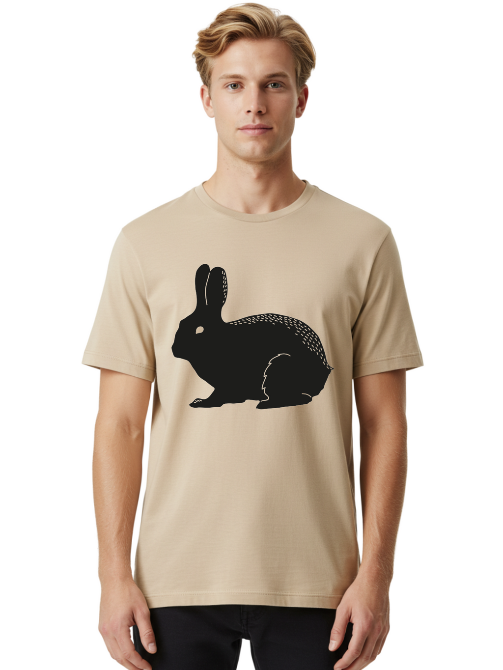 Rabbit-Silhouette Men'S Graphic Tee, 100% Cotton, Comfortable Casual Summer Wear, Machine Washable, Black Rabbit Silhouette, Rabbit Illustration, Cute Bunny, Animal Silhouette, Wildlife Art, Nature Design, Simple Graphics Aac230