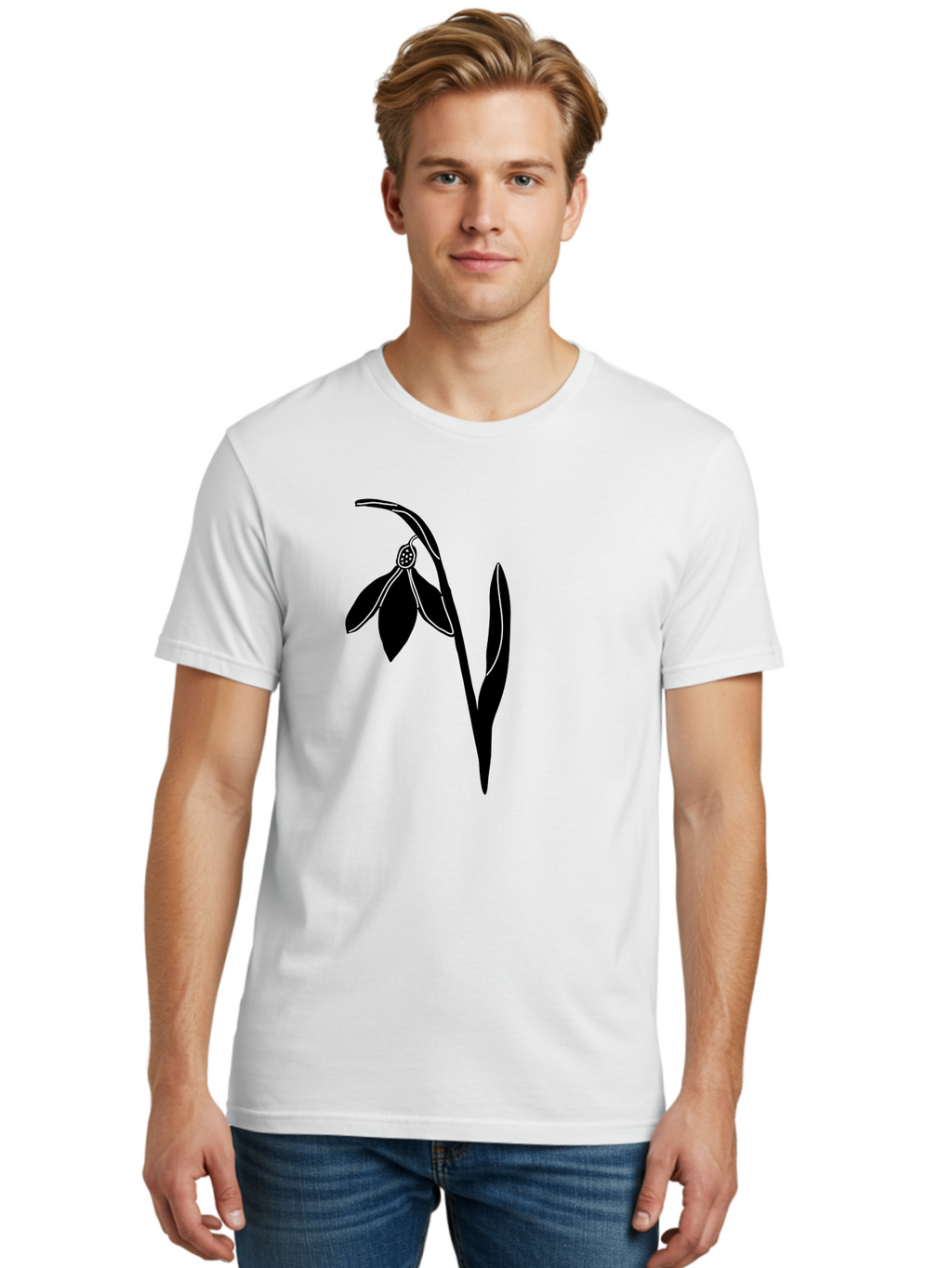 Snowdrop-1 Men'S Graphic Tee, 100% Cotton, Comfortable Casual Summer Wear, Machine Washable, Snowdrop Flower, Floral Illustration, Botanical Art, Simple Design, Elegant Lines, Delicate Petals, Minimalist Style, Symbolic Flower, Winter Blooms Aac236
