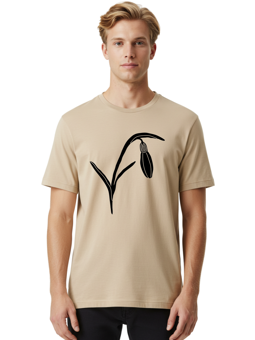Snowdrop Men'S Graphic Tee, 100% Cotton, Comfortable Casual Summer Wear, Machine Washable, Snowdrop Flower, Minimalist Design, Simple Graphics, Black Silhouette, Floral Illustration, Spring Flowers, Botanical Art, Elegant Lines Aac238