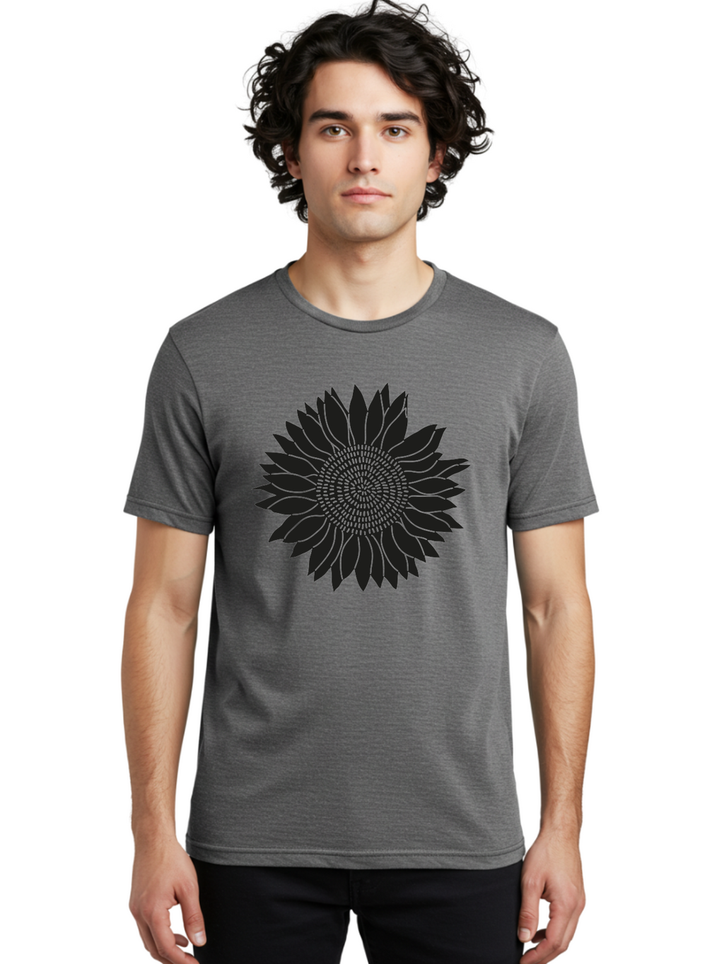 Sunflower-Silhouette Men'S Graphic Tee, 100% Cotton, Comfortable Casual Summer Wear, Machine Washable, Sunflower Graphic, Floral Design, Black And Green, Flower Silhouette, Neon Outline, Nature Inspired Art, Botanical Illustration Aac241