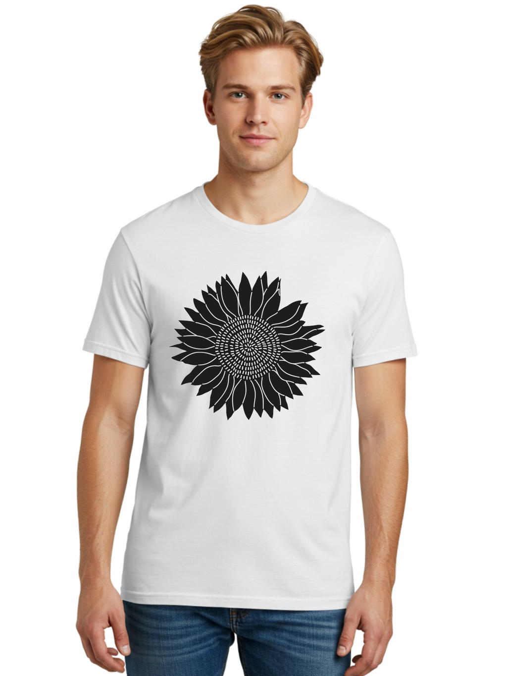 Sunflower-Silhouette Men'S Graphic Tee, 100% Cotton, Comfortable Casual Summer Wear, Machine Washable, Sunflower Graphic, Floral Design, Black And Green, Flower Silhouette, Neon Outline, Nature Inspired Art, Botanical Illustration Aac241