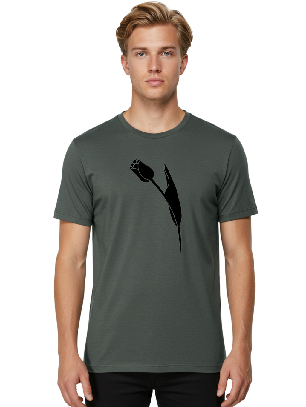 Tulip-Silhouette-1 Men'S Graphic Tee, 100% Cotton, Comfortable Casual Summer Wear, Machine Washable, Tulip Silhouette, Flower Graphic, Minimalist Design, Simple Shapes, Elegant Illustration, Floral Motif, Budding Flower Aac244