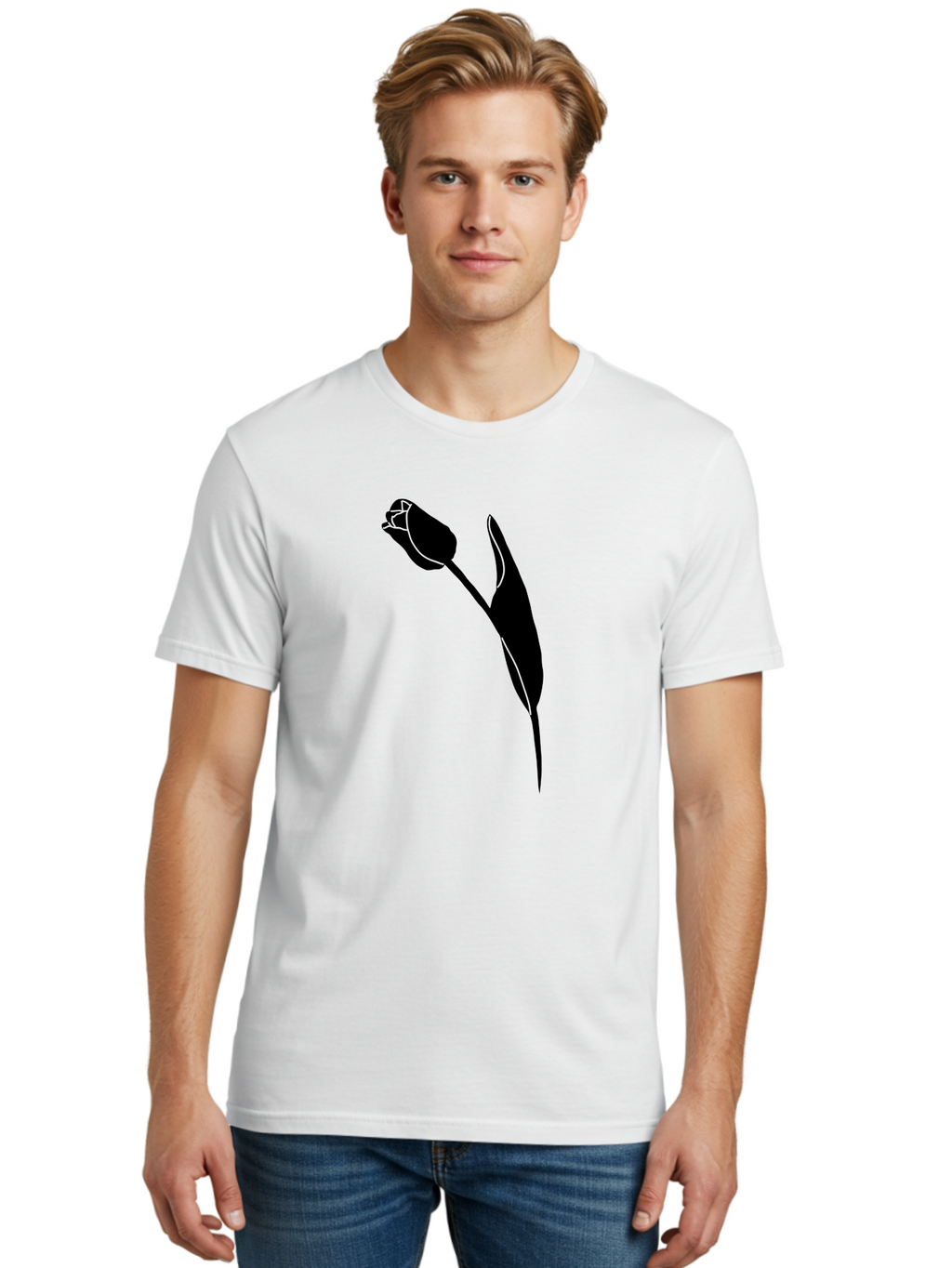 Tulip-Silhouette-1 Men'S Graphic Tee, 100% Cotton, Comfortable Casual Summer Wear, Machine Washable, Tulip Silhouette, Flower Graphic, Minimalist Design, Simple Shapes, Elegant Illustration, Floral Motif, Budding Flower Aac244