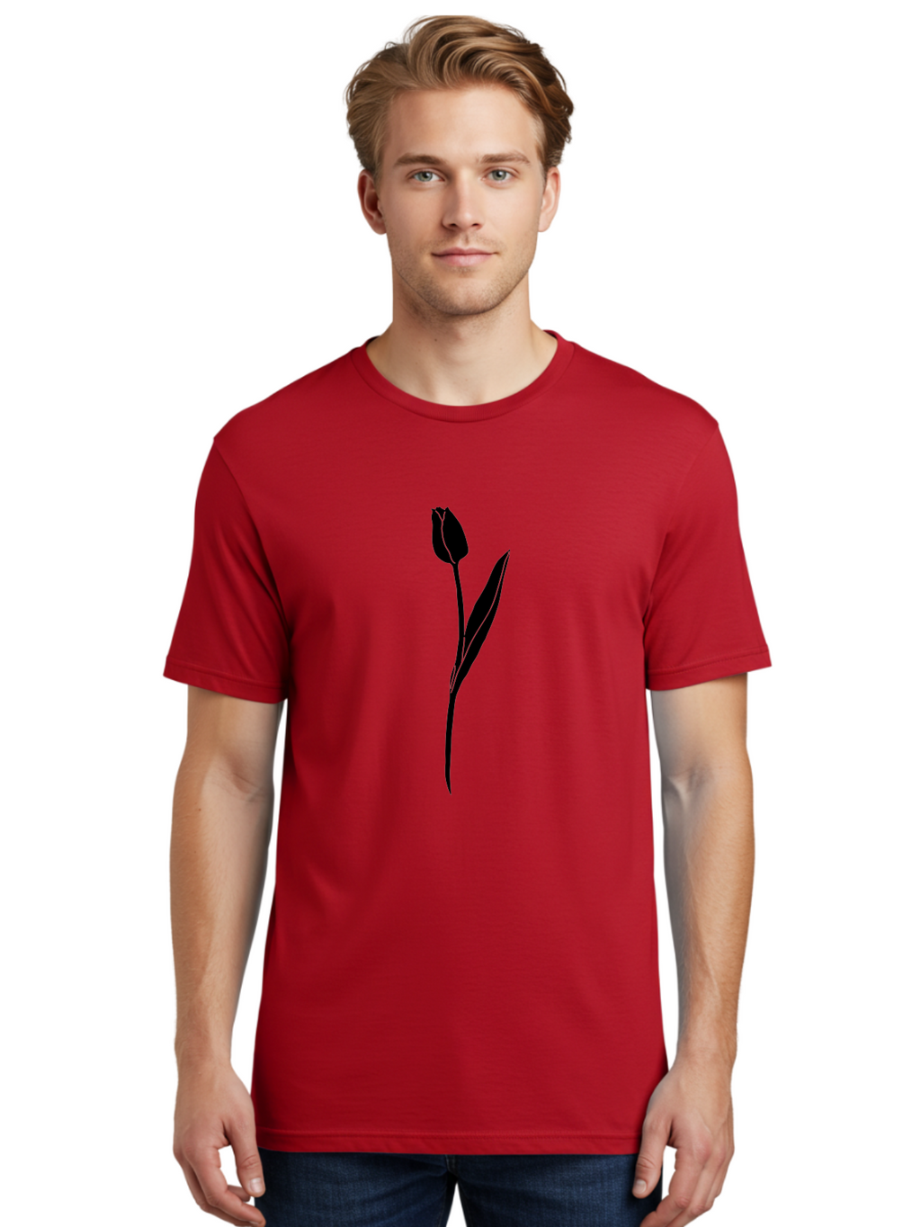 Tulip-Silhouette Men'S Graphic Tee, 100% Cotton, Comfortable Casual Summer Wear, Machine Washable, Tulip Silhouette, Dark Tulip, Minimalist Design, Simple Flower, Closed Bloom, Elegant Stem, Floral Graphic, Modern Art Aac245