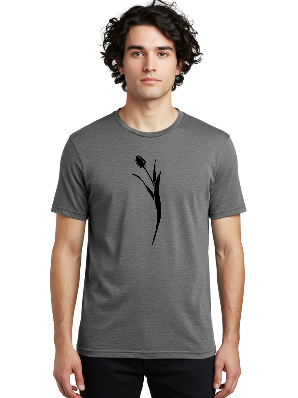 Tulip Men'S Graphic Tee, 100% Cotton, Comfortable Casual Summer Wear, Machine Washable, Tulip Silhouette, Black Flower, Minimalist Design, Simple Graphics, Floral Motif, Elegant Shape, Closed Bloom, Botanical Illustration Aac246