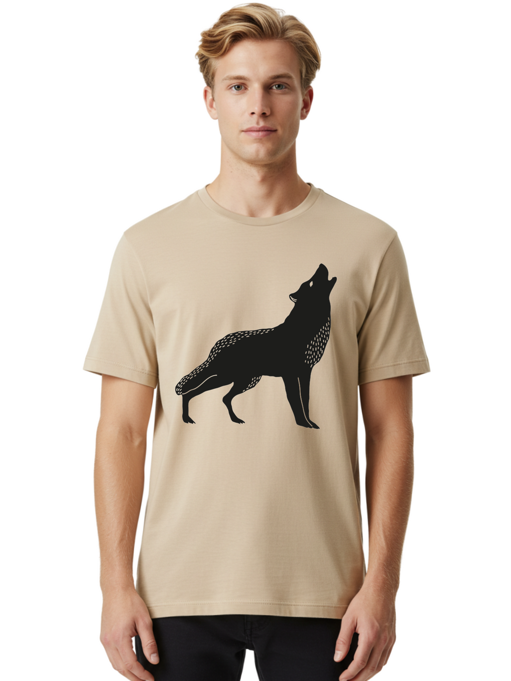 Wolf-Silhouette Men'S Graphic Tee, 100% Cotton, Comfortable Casual Summer Wear, Machine Washable, Wolf Silhouette, Howling At The Moon, Wildlife Art, Animal Graphics, Wild Animal, Abstract Design Aac249