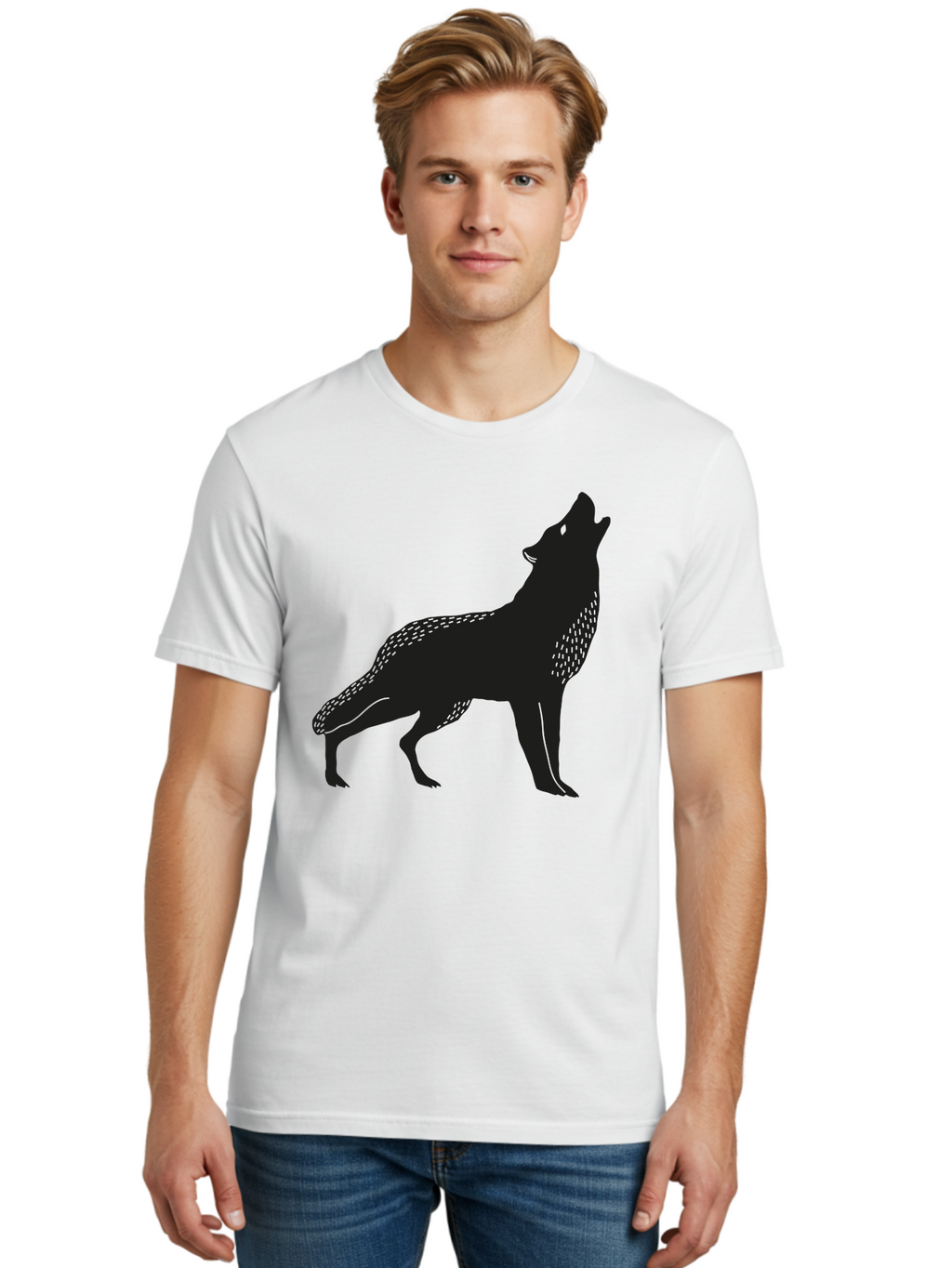 Wolf-Silhouette Men'S Graphic Tee, 100% Cotton, Comfortable Casual Summer Wear, Machine Washable, Wolf Silhouette, Howling At The Moon, Wildlife Art, Animal Graphics, Wild Animal, Abstract Design Aac249