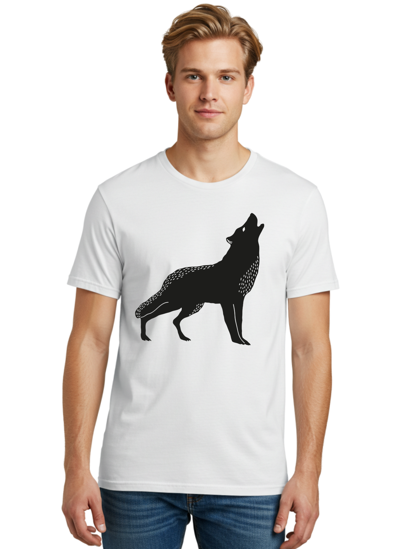 Wolf-Silhouette Men'S Graphic Tee, 100% Cotton, Comfortable Casual Summer Wear, Machine Washable, Wolf Silhouette, Howling At The Moon, Wildlife Art, Animal Graphics, Wild Animal, Abstract Design Aac249
