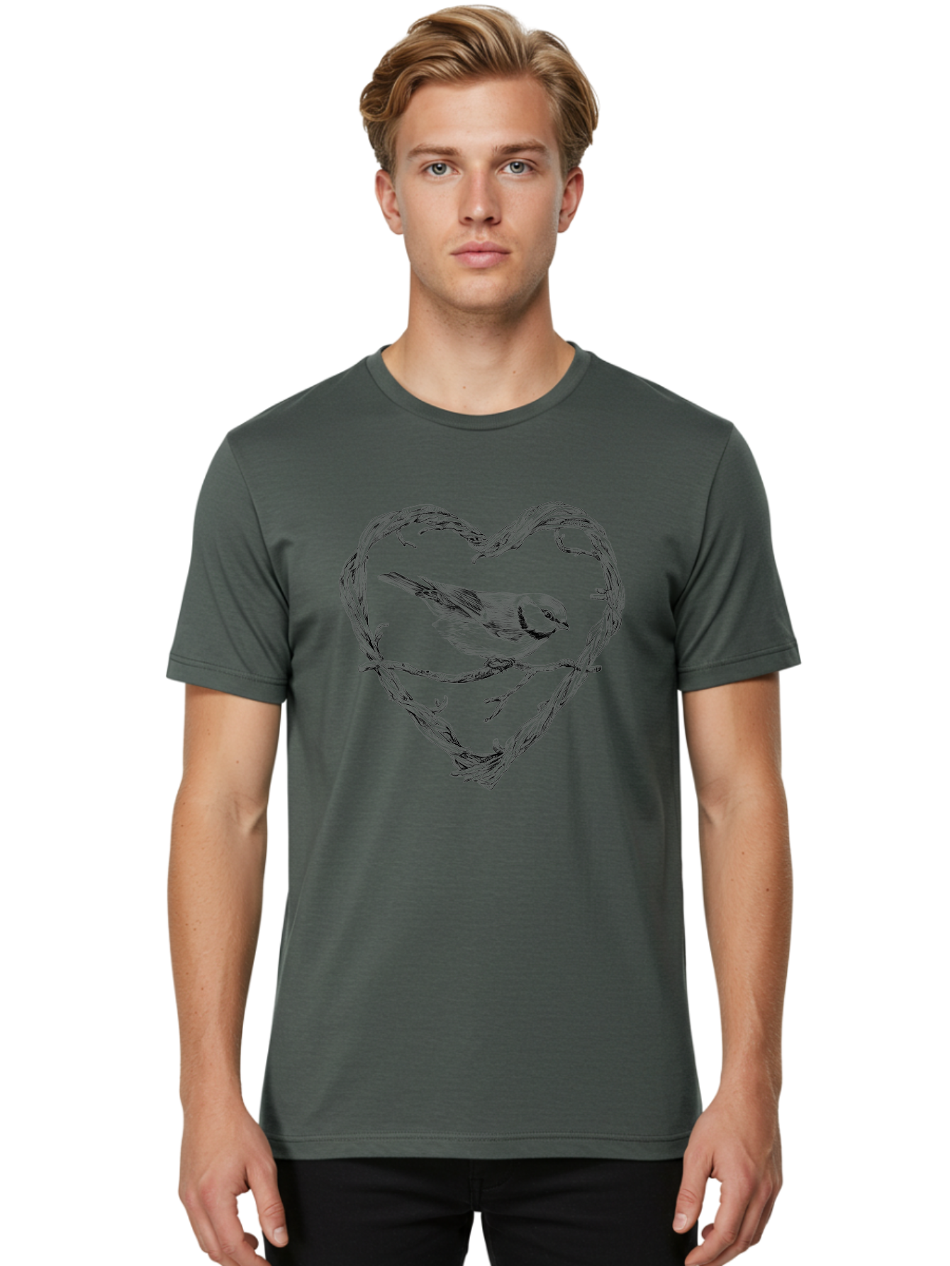 Bird-In-Heart Men'S Graphic Tee, 100% Cotton, Comfortable Casual Summer Wear, Machine Washable, Bird On Branch, Heart-Shaped Frame, Twigs And Leaves, Black And White Illustration, Bird Watching, Wildlife Art, Symbolic Heart, Love For Nature Aac252