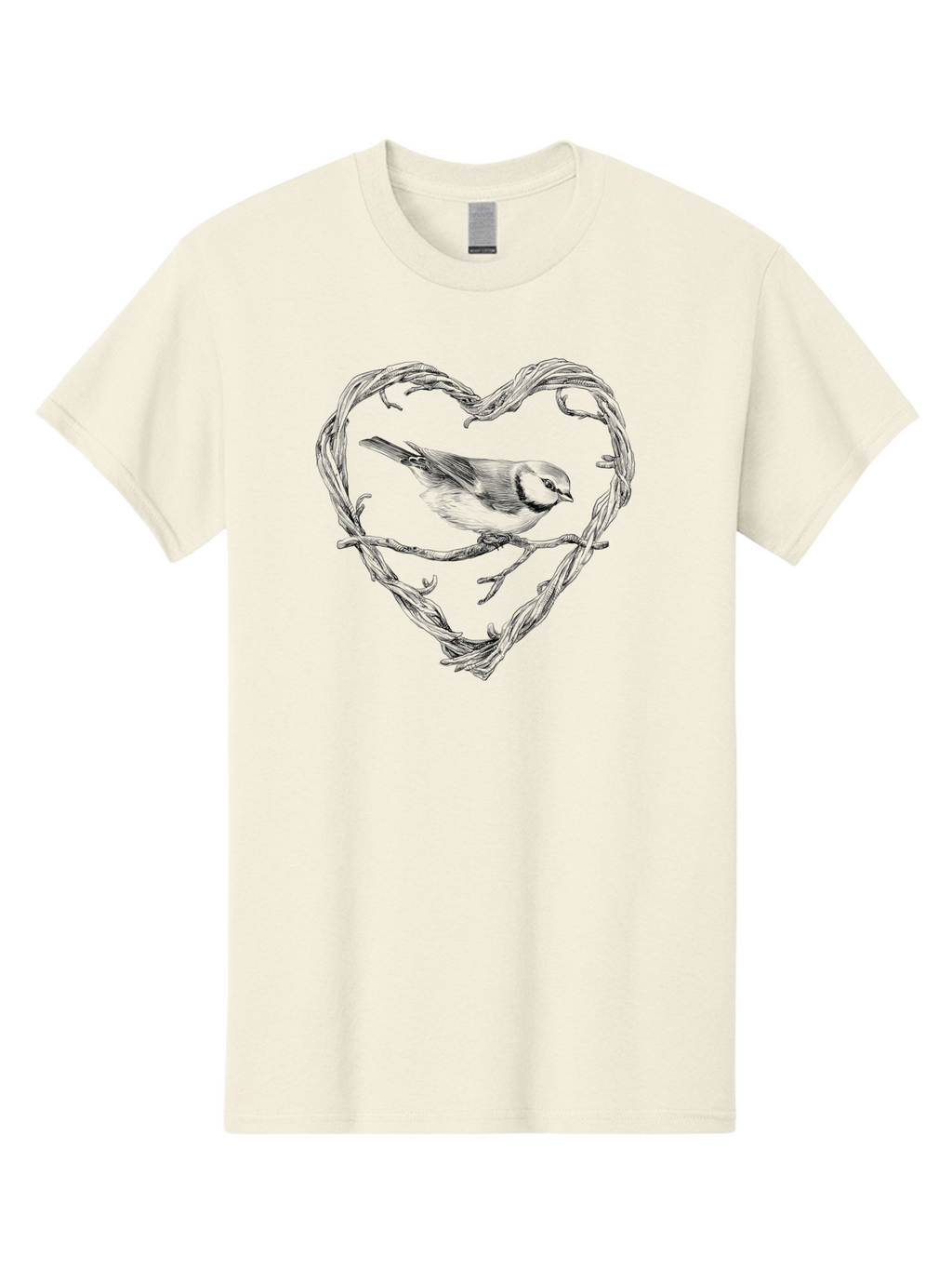 Bird-In-Heart Men'S Graphic Tee, 100% Cotton, Comfortable Casual Summer Wear, Machine Washable, Bird On Branch, Heart-Shaped Frame, Twigs And Leaves, Black And White Illustration, Bird Watching, Wildlife Art, Symbolic Heart, Love For Nature Aac252
