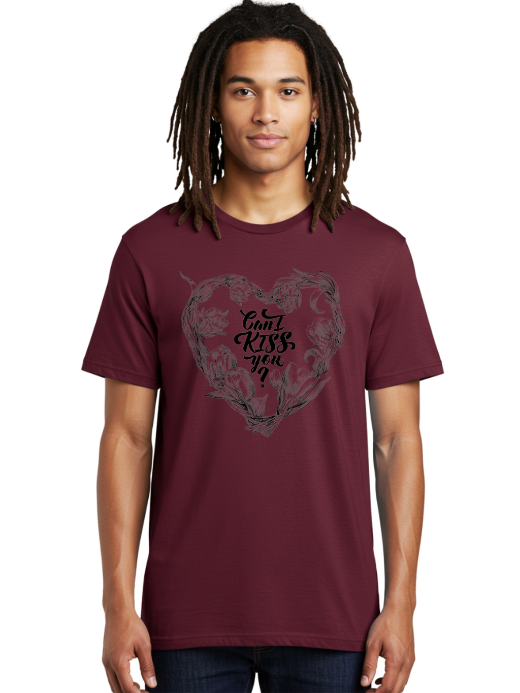 Cant-Kiss-You Men'S Graphic Tee, 100% Cotton, Comfortable Casual Summer Wear, Machine Washable, Romantic Illustration, Floral Heart, Love Quote, Elegant Typography, Flowers, Heart Shape, Valentines Day Aac254