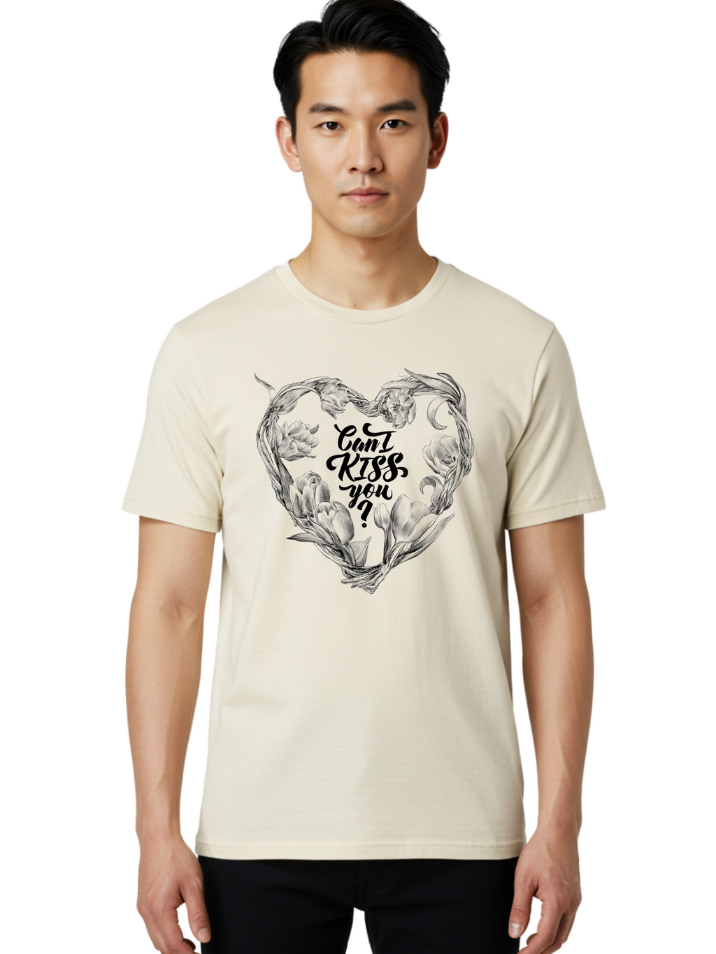 Cant-Kiss-You Men'S Graphic Tee, 100% Cotton, Comfortable Casual Summer Wear, Machine Washable, Romantic Illustration, Floral Heart, Love Quote, Elegant Typography, Flowers, Heart Shape, Valentines Day Aac254