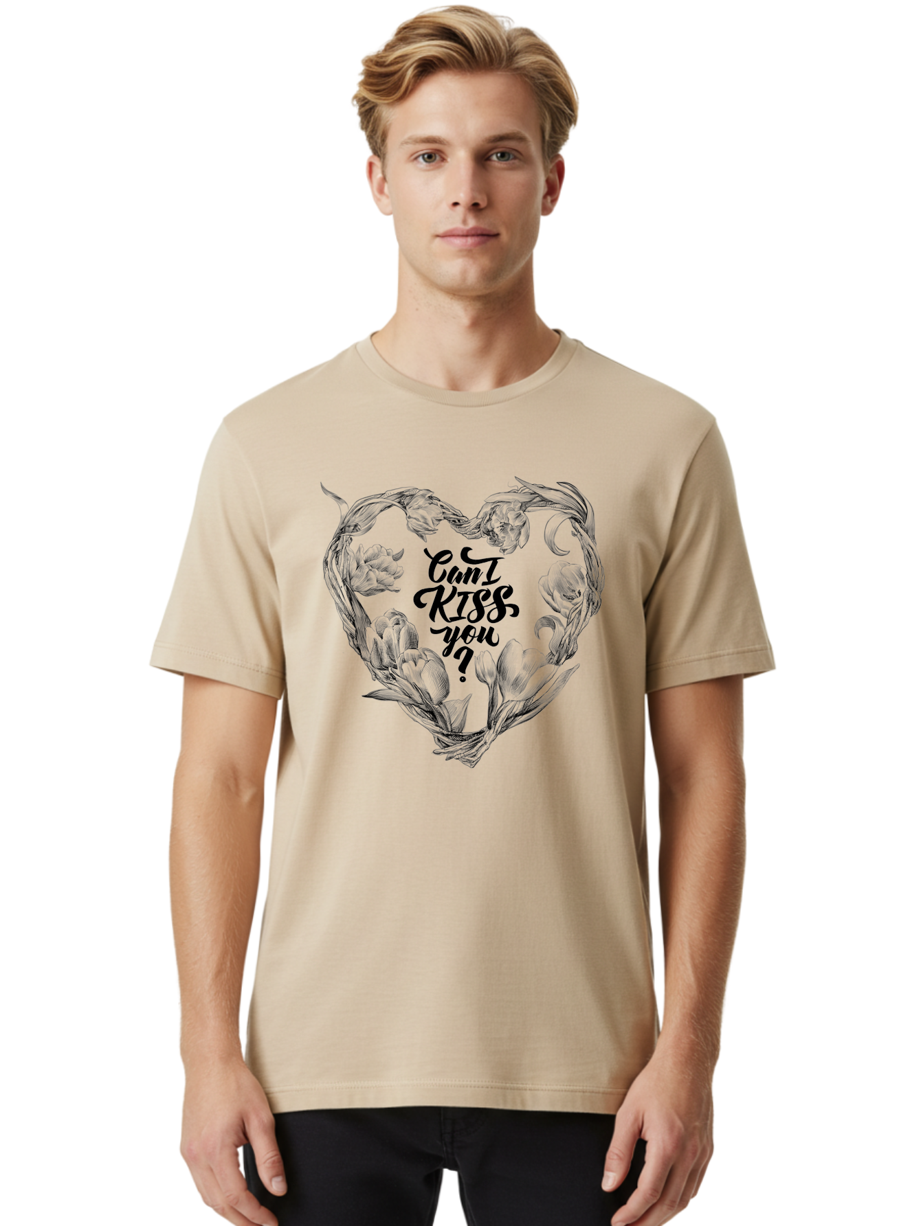 Cant-Kiss-You Men'S Graphic Tee, 100% Cotton, Comfortable Casual Summer Wear, Machine Washable, Romantic Illustration, Floral Heart, Love Quote, Elegant Typography, Flowers, Heart Shape, Valentines Day Aac254